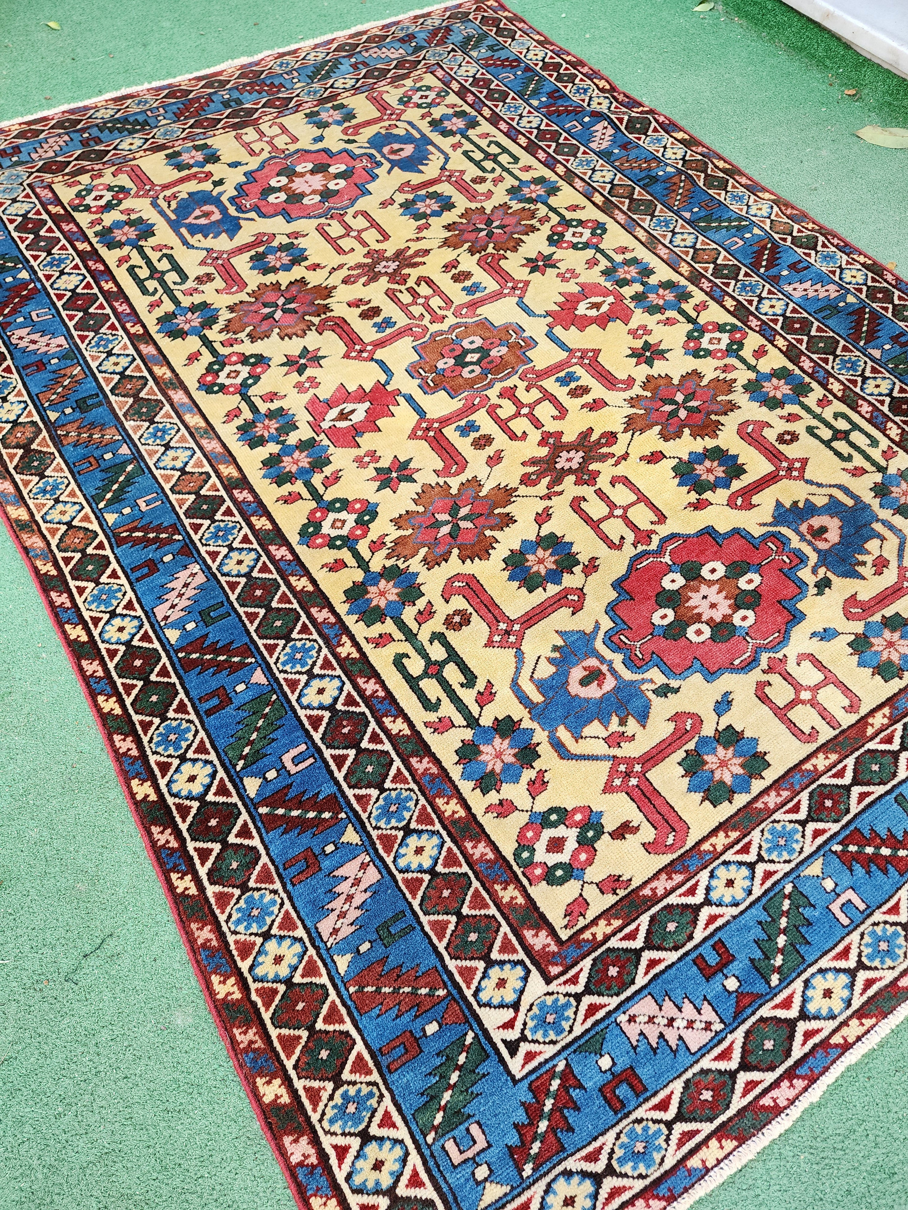 Antique Caucasian Shirvan Rug 6 x 4 ft, Yellow Blue and Red Tribal Caucasian Area Rug