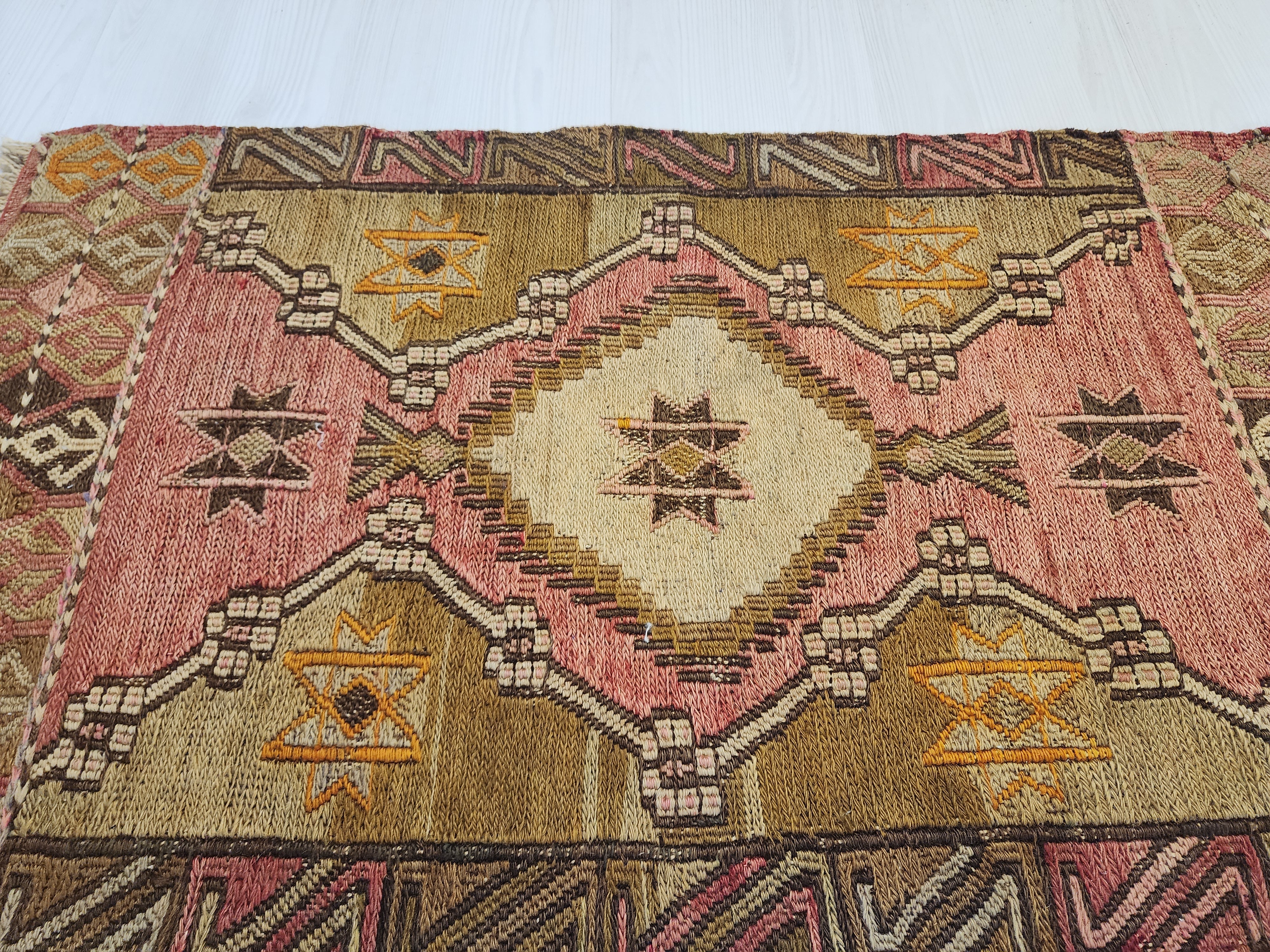Antique Kilim Soumak Rug, Soft Pink Muted Boho Tribal Area Rug