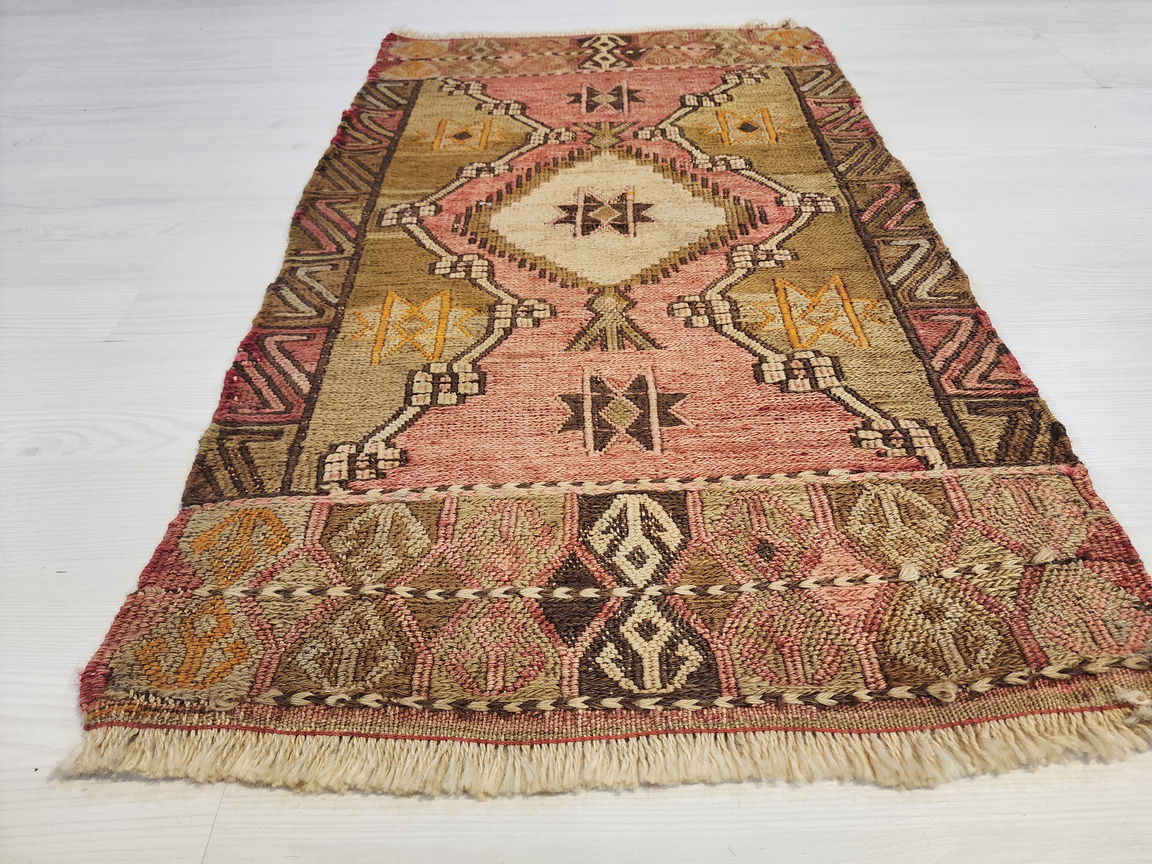Antique Kilim Soumak Rug, Soft Pink Muted Boho Tribal Area Rug