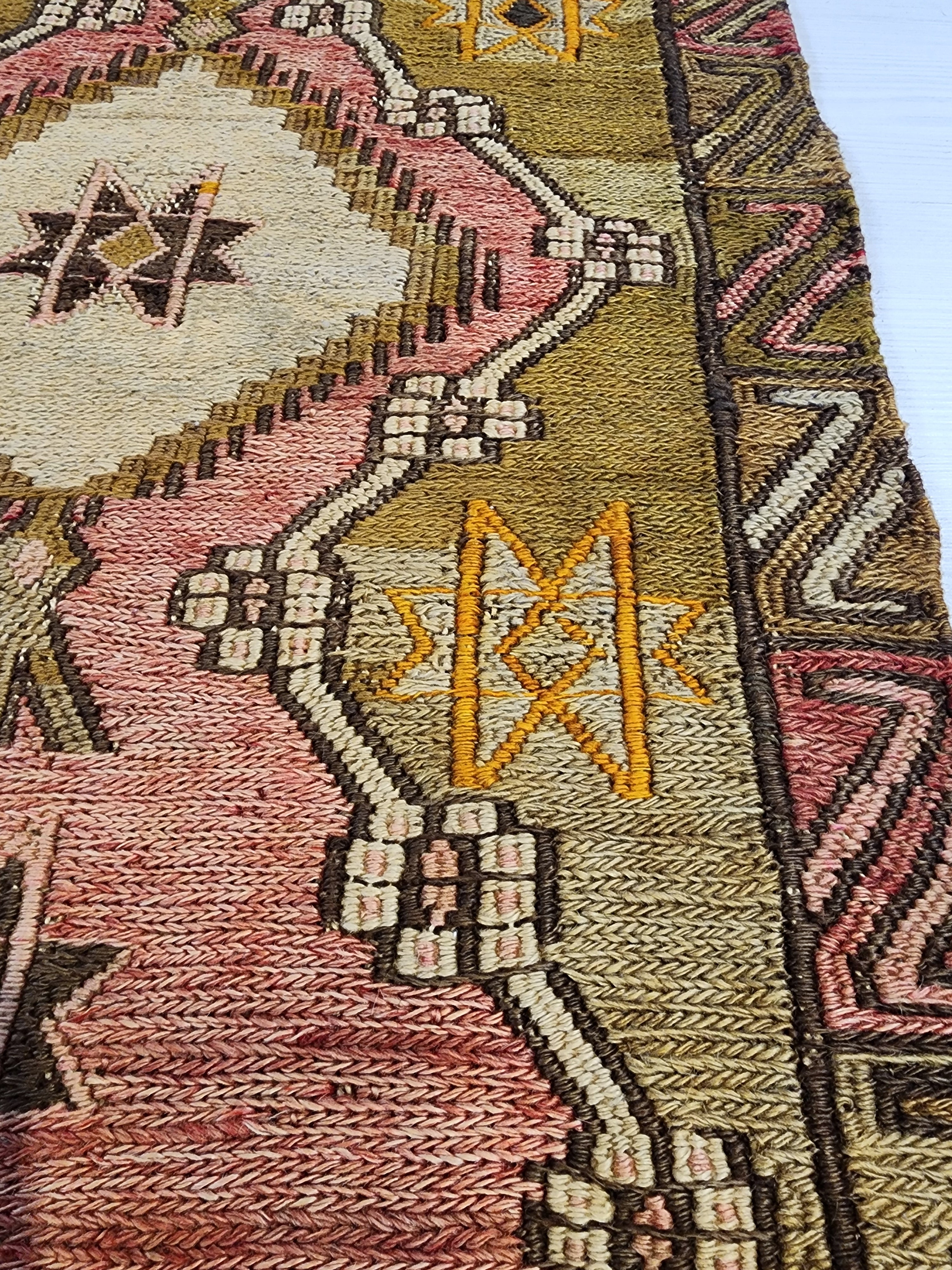 Antique Kilim Soumak Rug, Soft Pink Muted Boho Tribal Area Rug