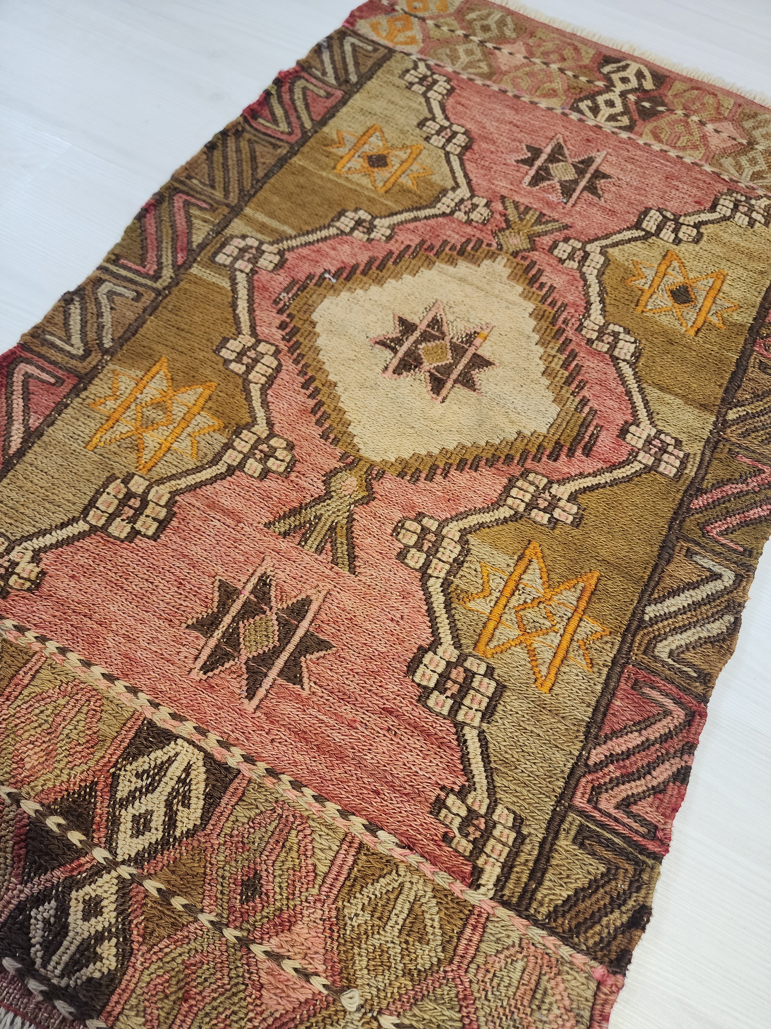Antique Kilim Soumak Rug, Soft Pink Muted Boho Tribal Area Rug