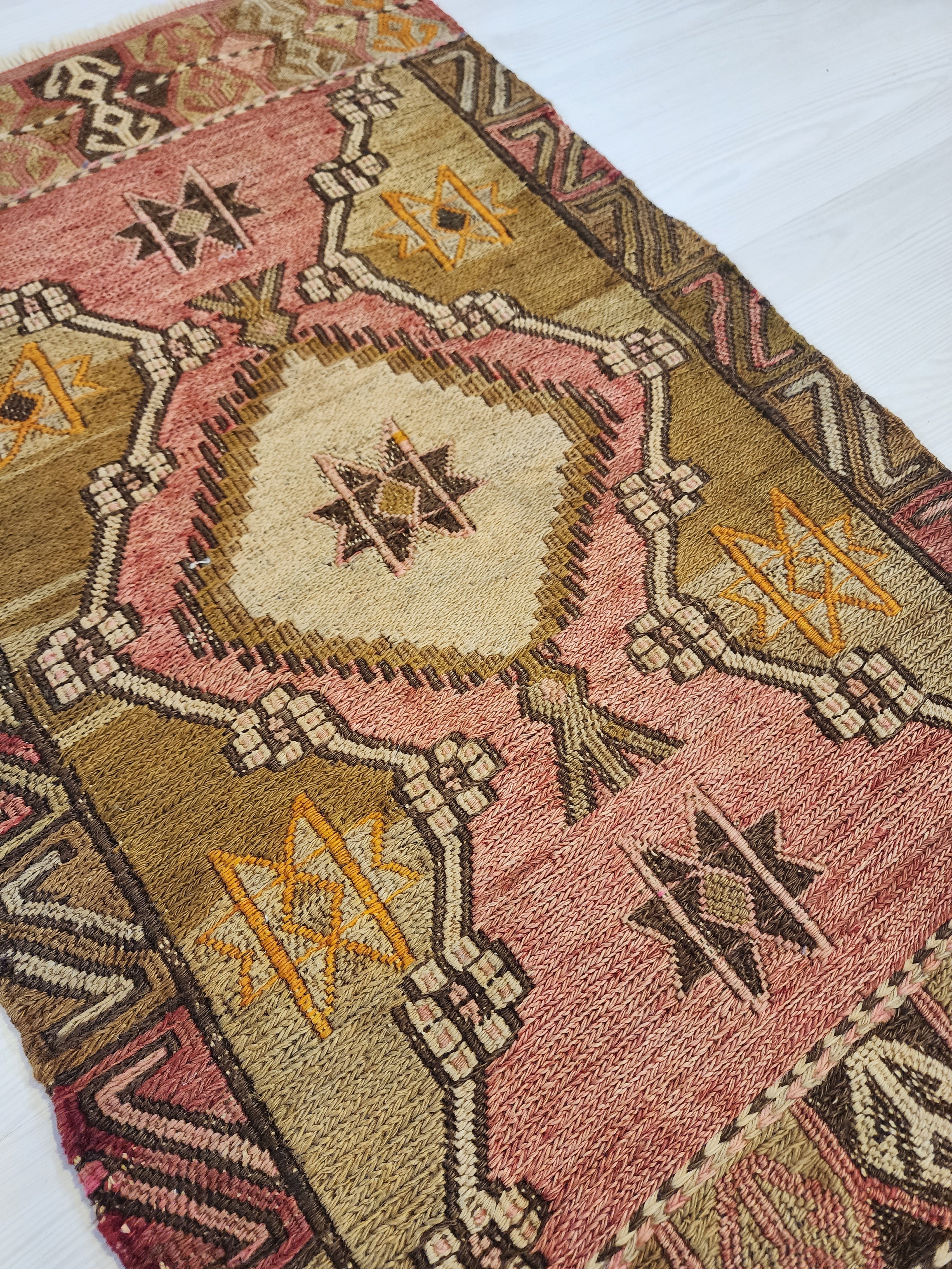 Antique Kilim Soumak Rug, Soft Pink Muted Boho Tribal Area Rug