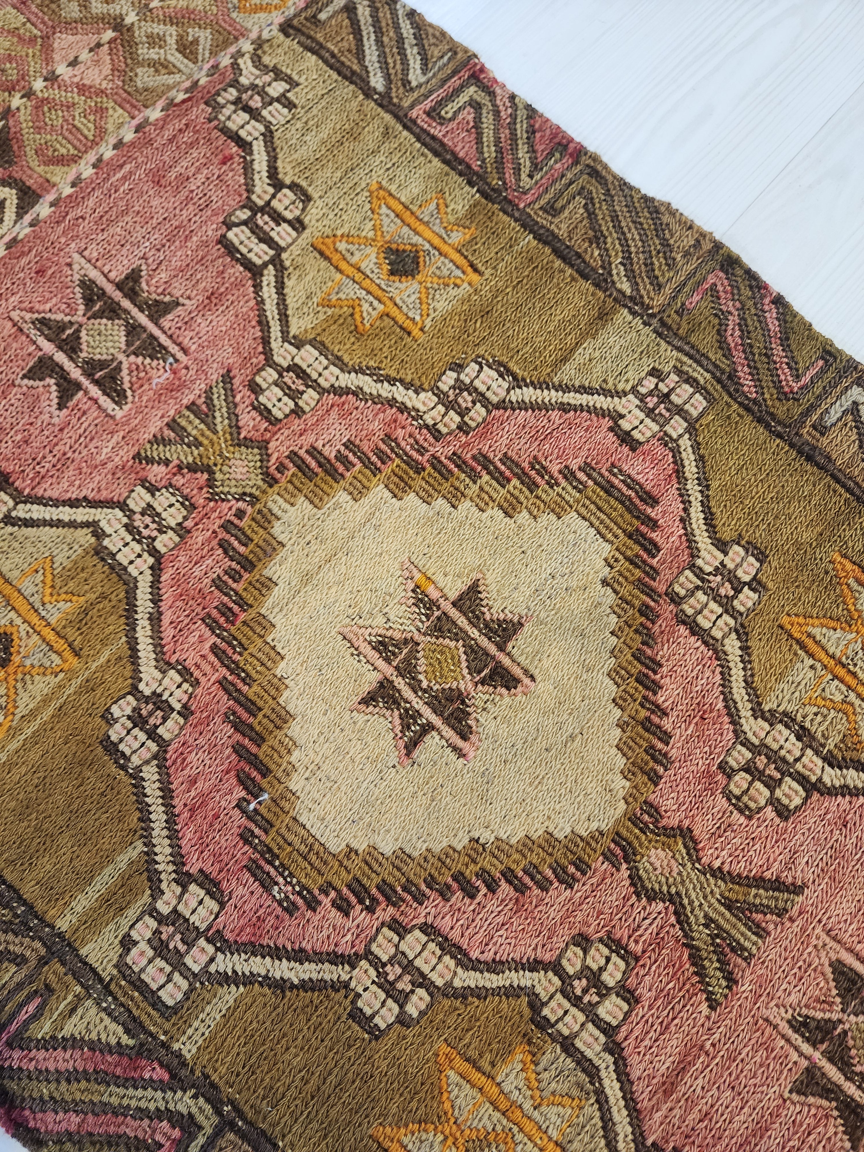 Antique Kilim Soumak Rug, Soft Pink Muted Boho Tribal Area Rug