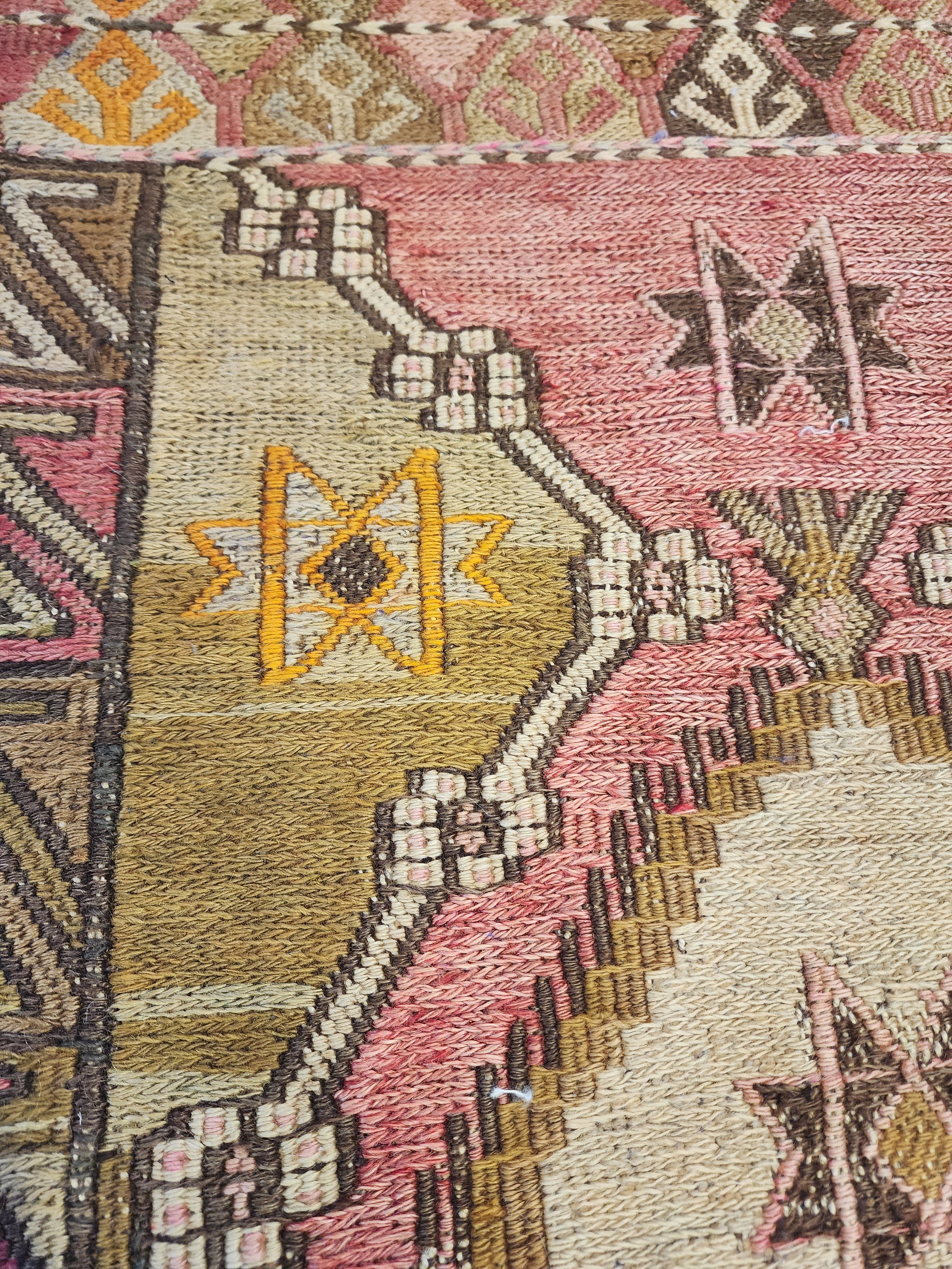 Antique Kilim Soumak Rug, Soft Pink Muted Boho Tribal Area Rug