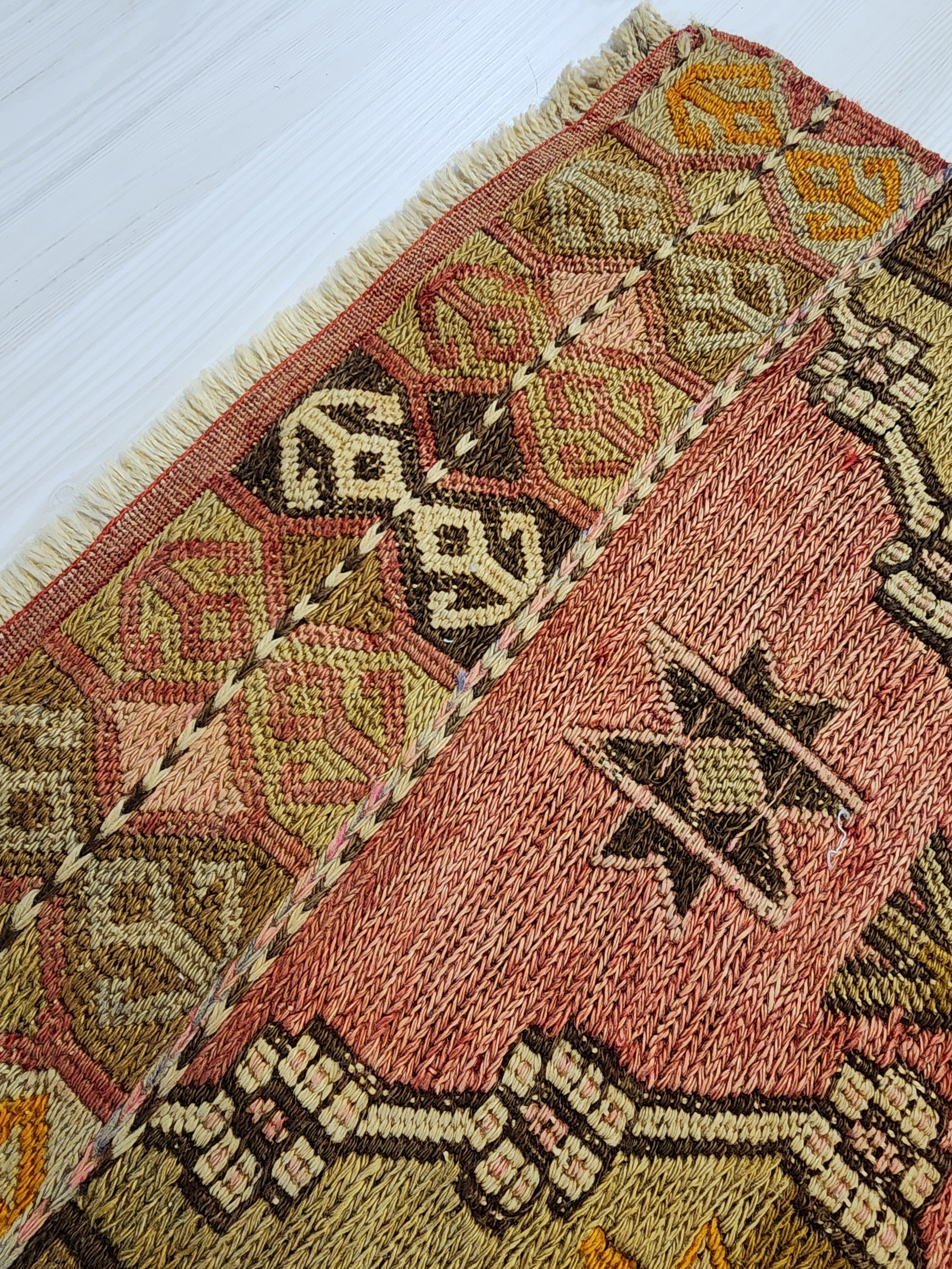 Antique Kilim Soumak Rug, Soft Pink Muted Boho Tribal Area Rug