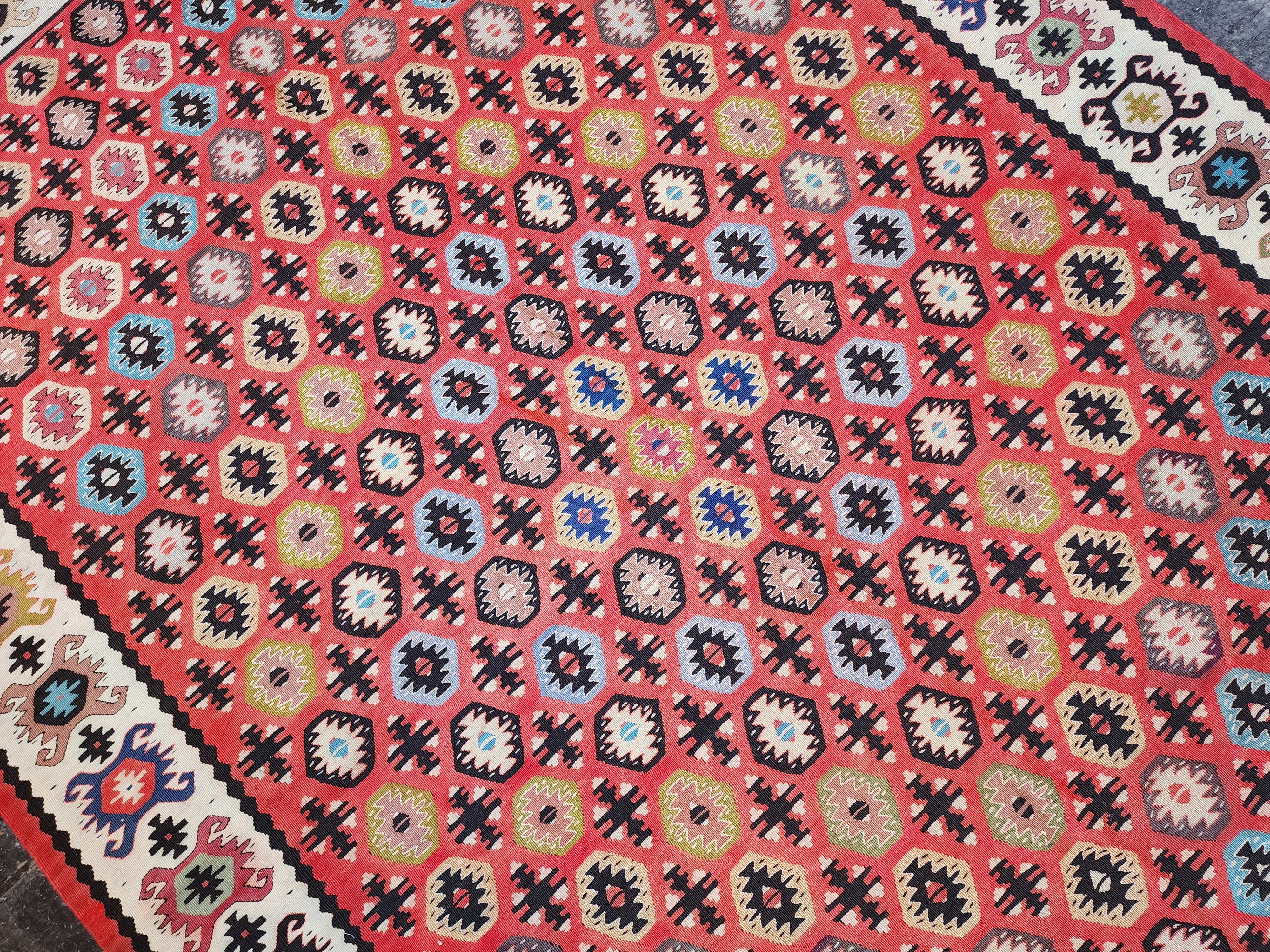 Antique Pirot Kilim Rug with Geometric Motifs, Tribal Kilim Rug, Living Room Rug, Rustic Rug, Persian Area Rug, 5'5''x7'6''