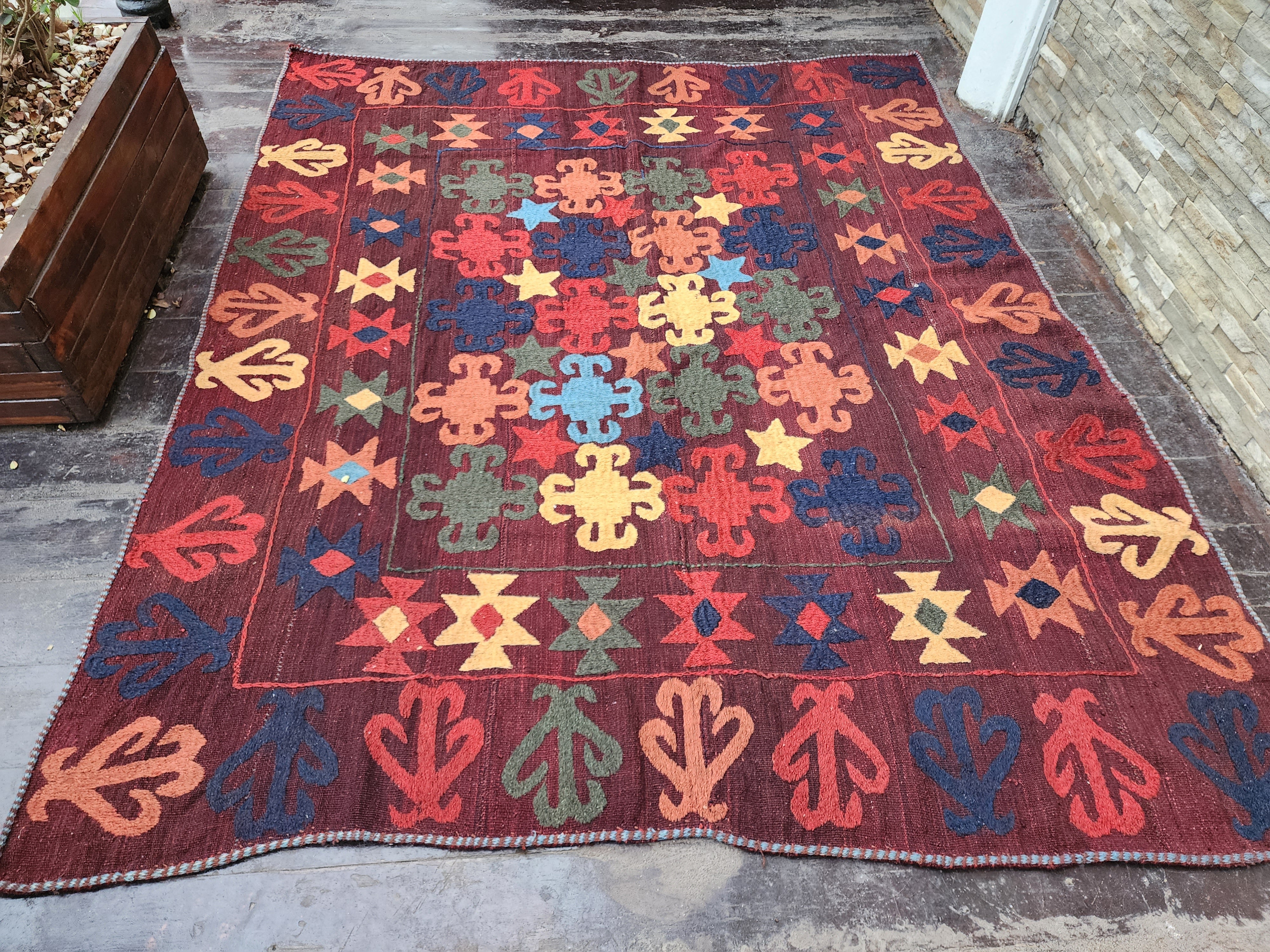 Antique Uzbek Kilim Rug, Early 19th Century, Handmade Organic Wool Vintage Rug, Boho Rustic Anatolian Home Decor, Kilim Rug, 5'4'' x 6'7''