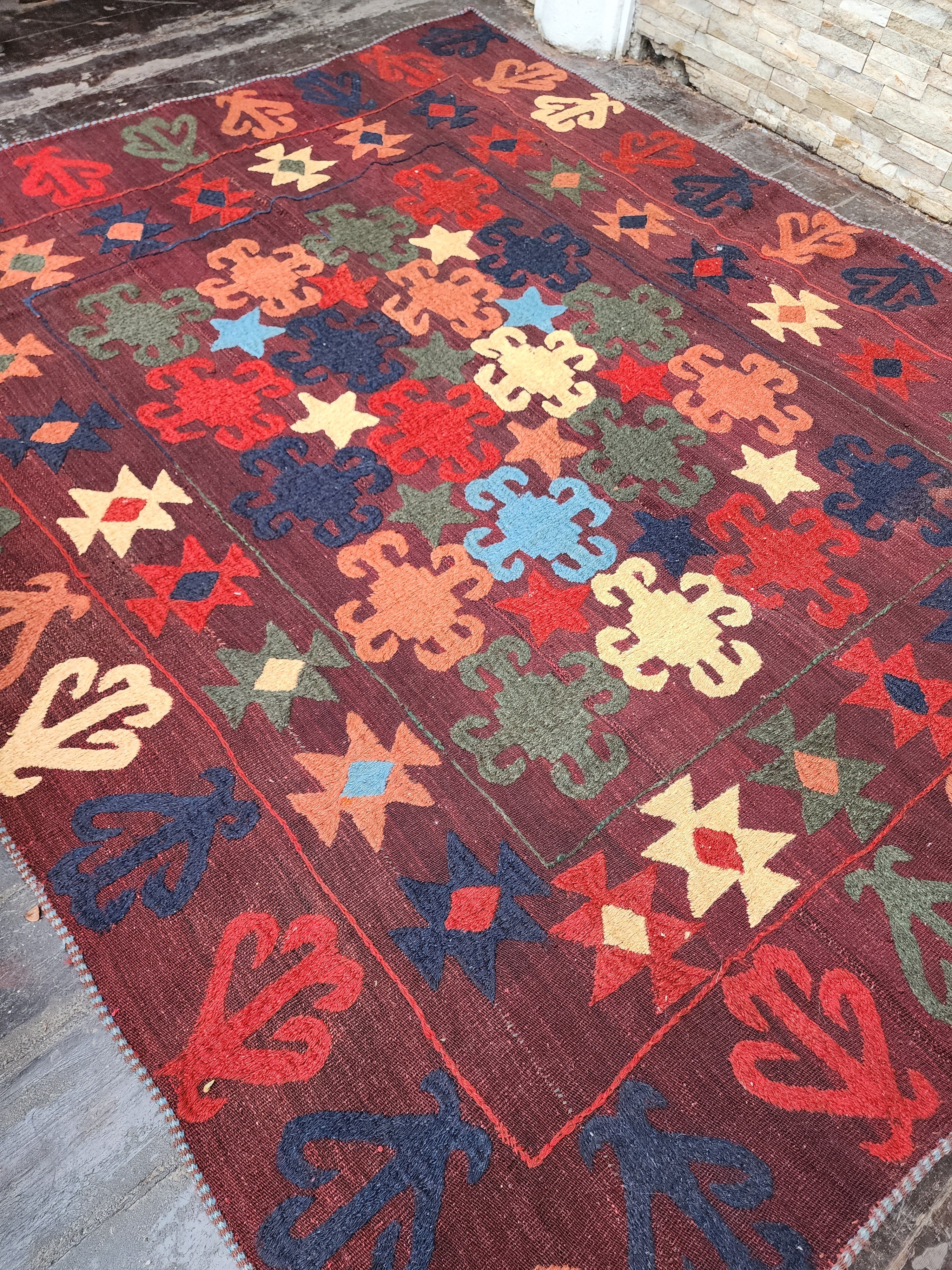 Antique Uzbek Kilim Rug, Early 19th Century, Handmade Organic Wool Vintage Rug, Boho Rustic Anatolian Home Decor, Kilim Rug, 5'4'' x 6'7''