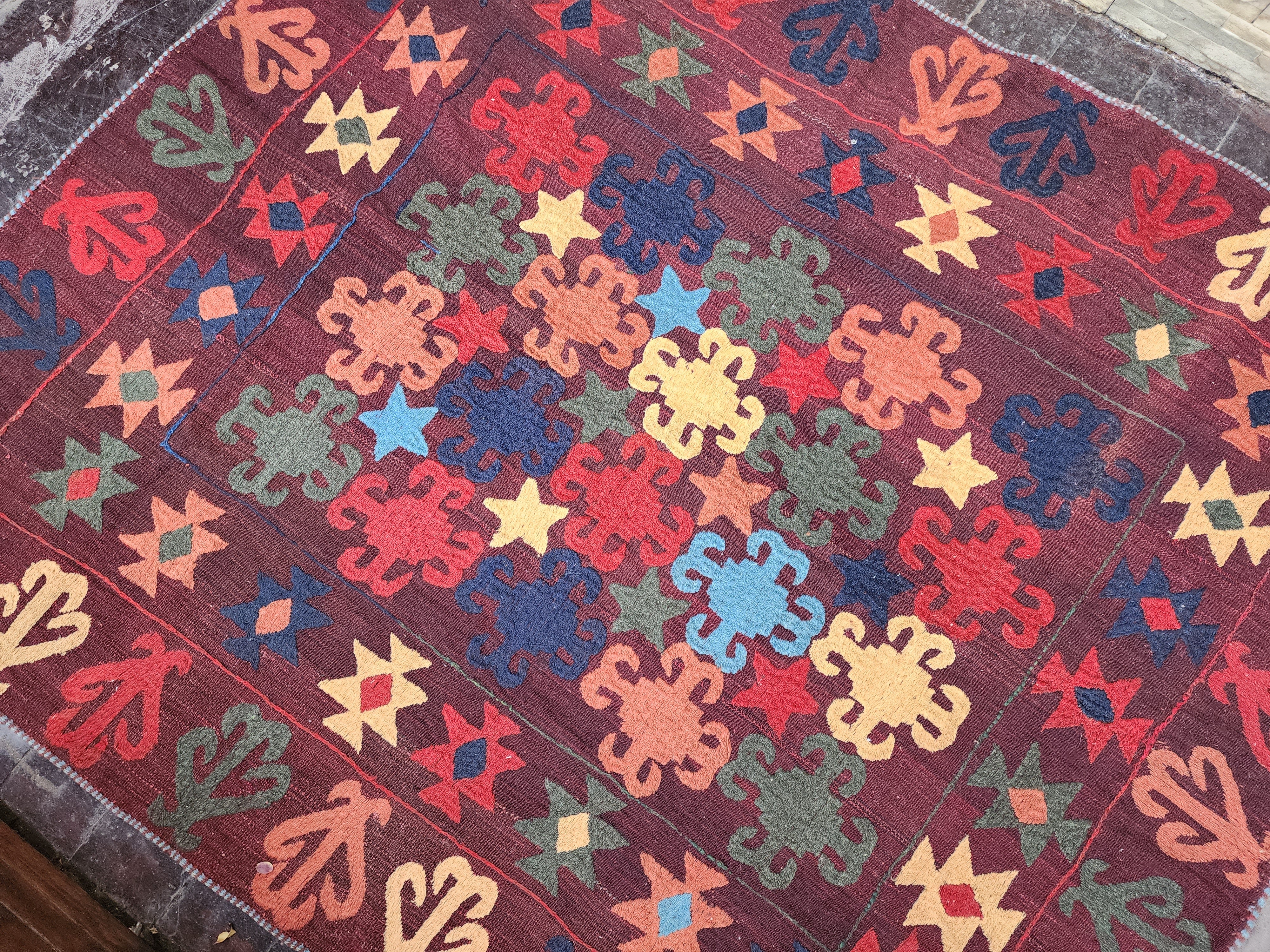 Antique Uzbek Kilim Rug, Early 19th Century, Handmade Organic Wool Vintage Rug, Boho Rustic Anatolian Home Decor, Kilim Rug, 5'4'' x 6'7''