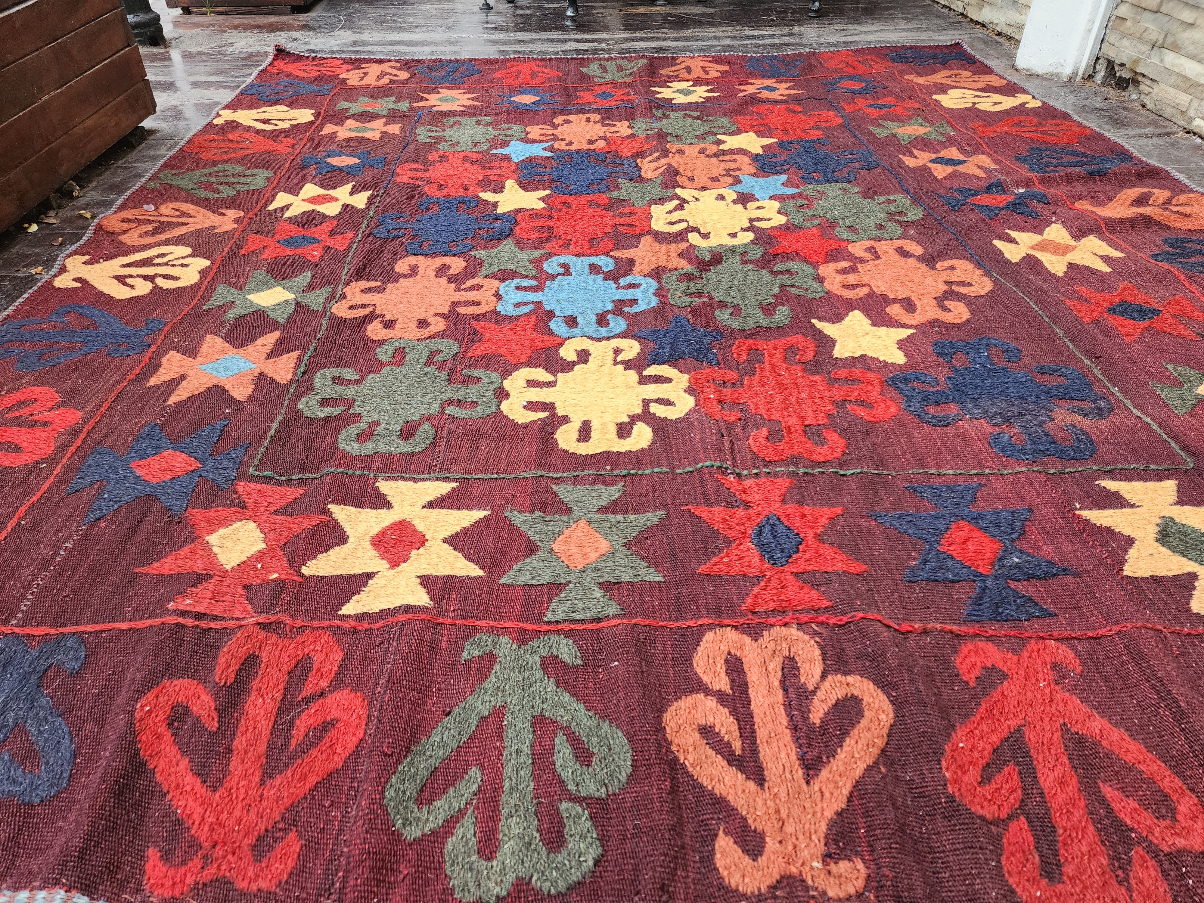 Antique Uzbek Kilim Rug, Early 19th Century, Handmade Organic Wool Vintage Rug, Boho Rustic Anatolian Home Decor, Kilim Rug, 5'4'' x 6'7''