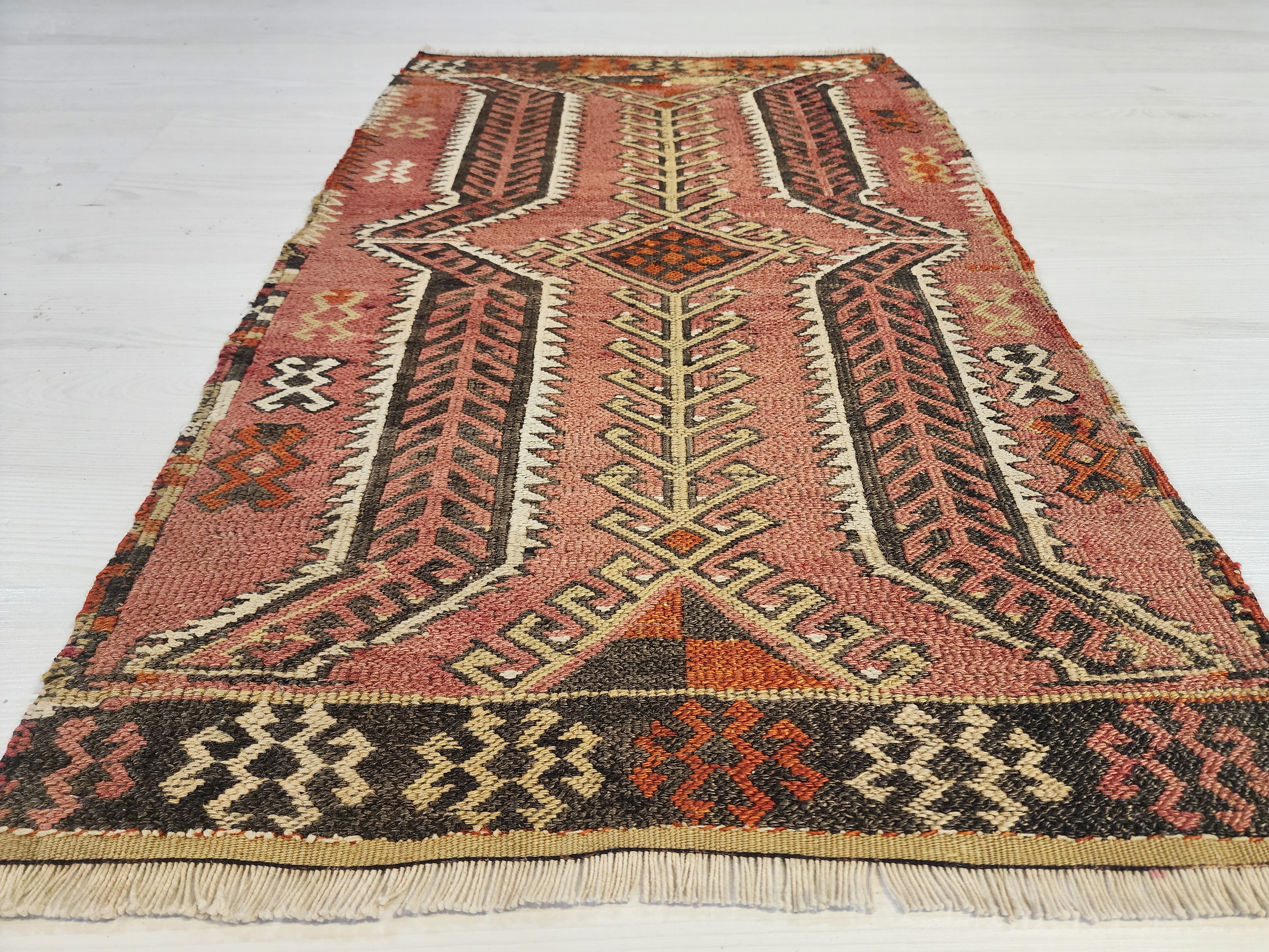 Antique Kilim Soumak Rug, Muted Pink Gray Boho Tribal Entryway Decor