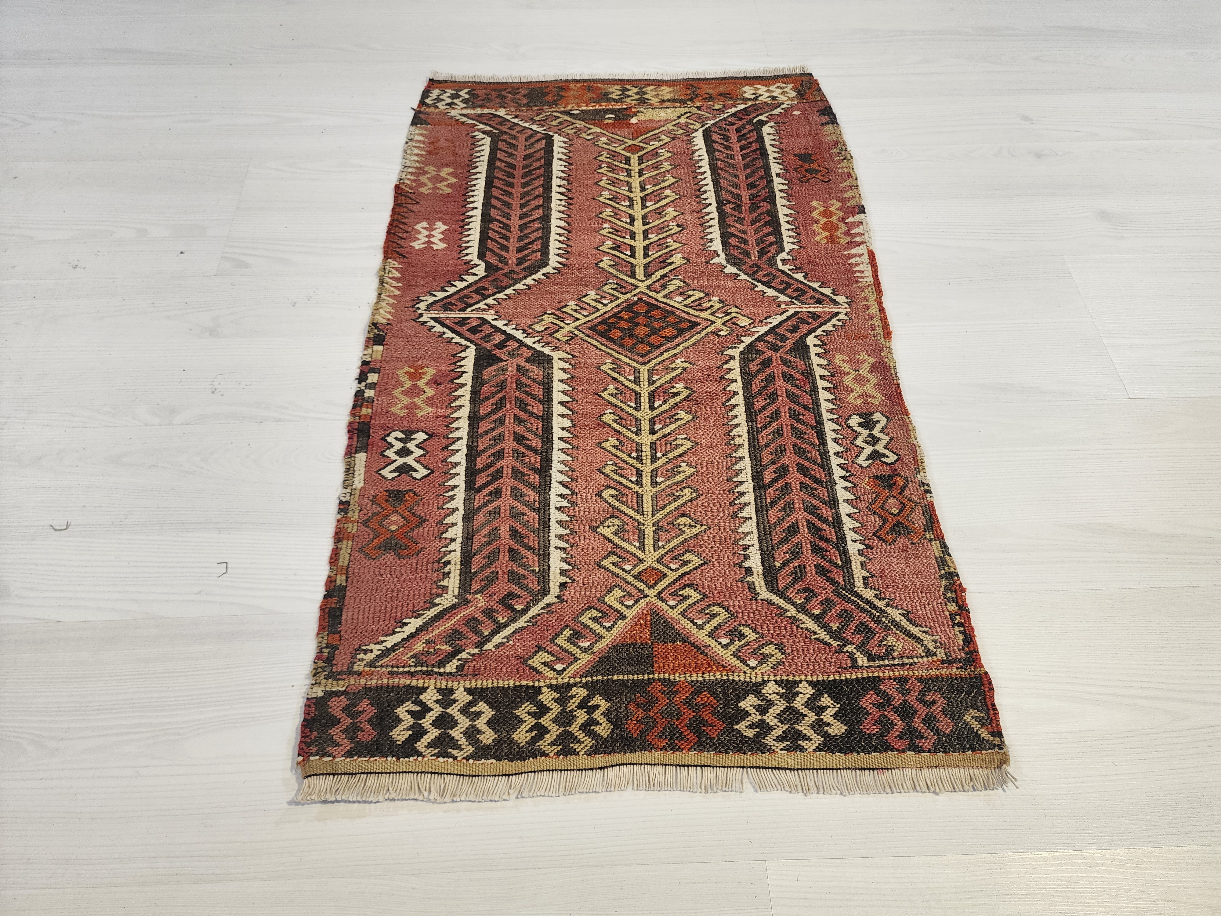 Antique Kilim Soumak Rug, Muted Pink Gray Boho Tribal Entryway Decor