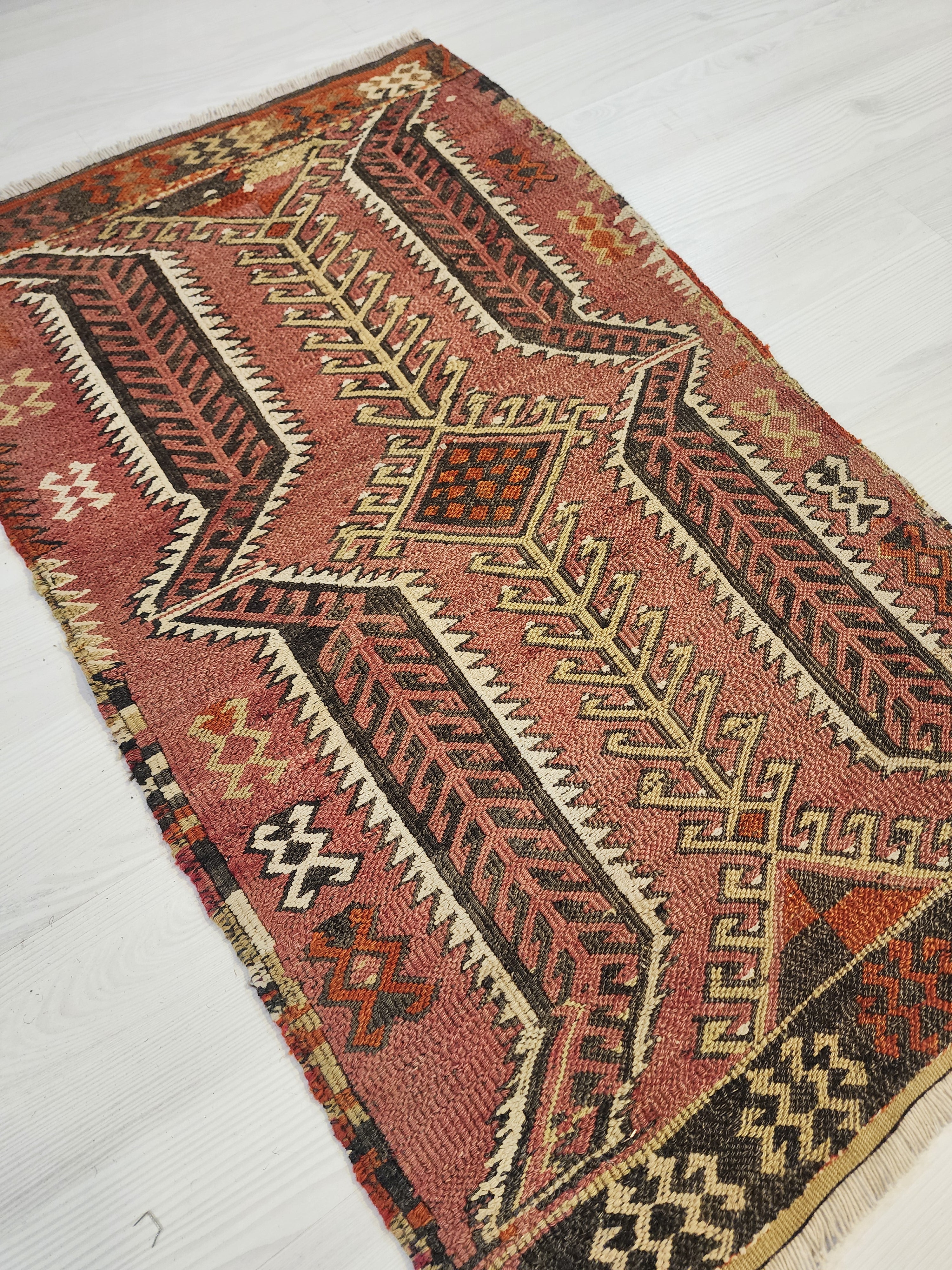 Antique Kilim Soumak Rug, Muted Pink Gray Boho Tribal Entryway Decor