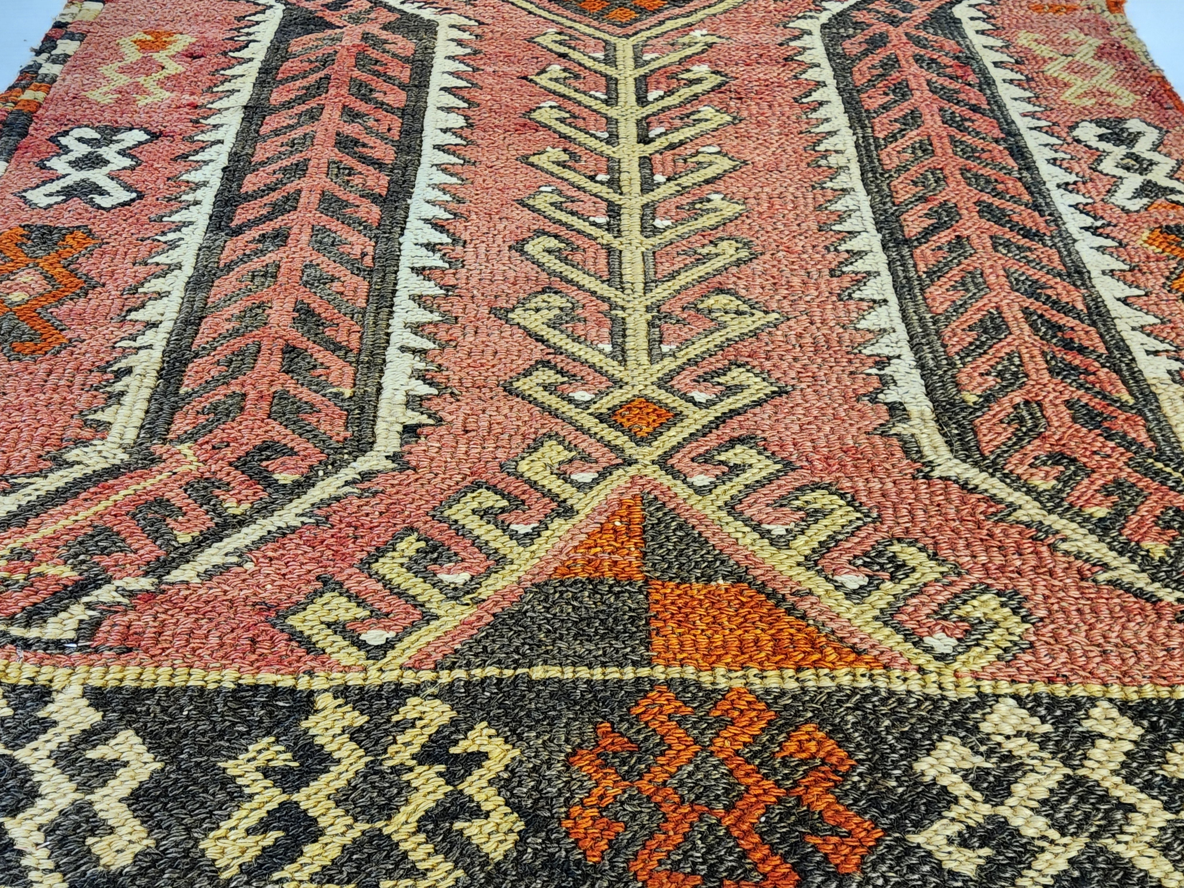 Antique Kilim Soumak Rug, Muted Pink Gray Boho Tribal Entryway Decor