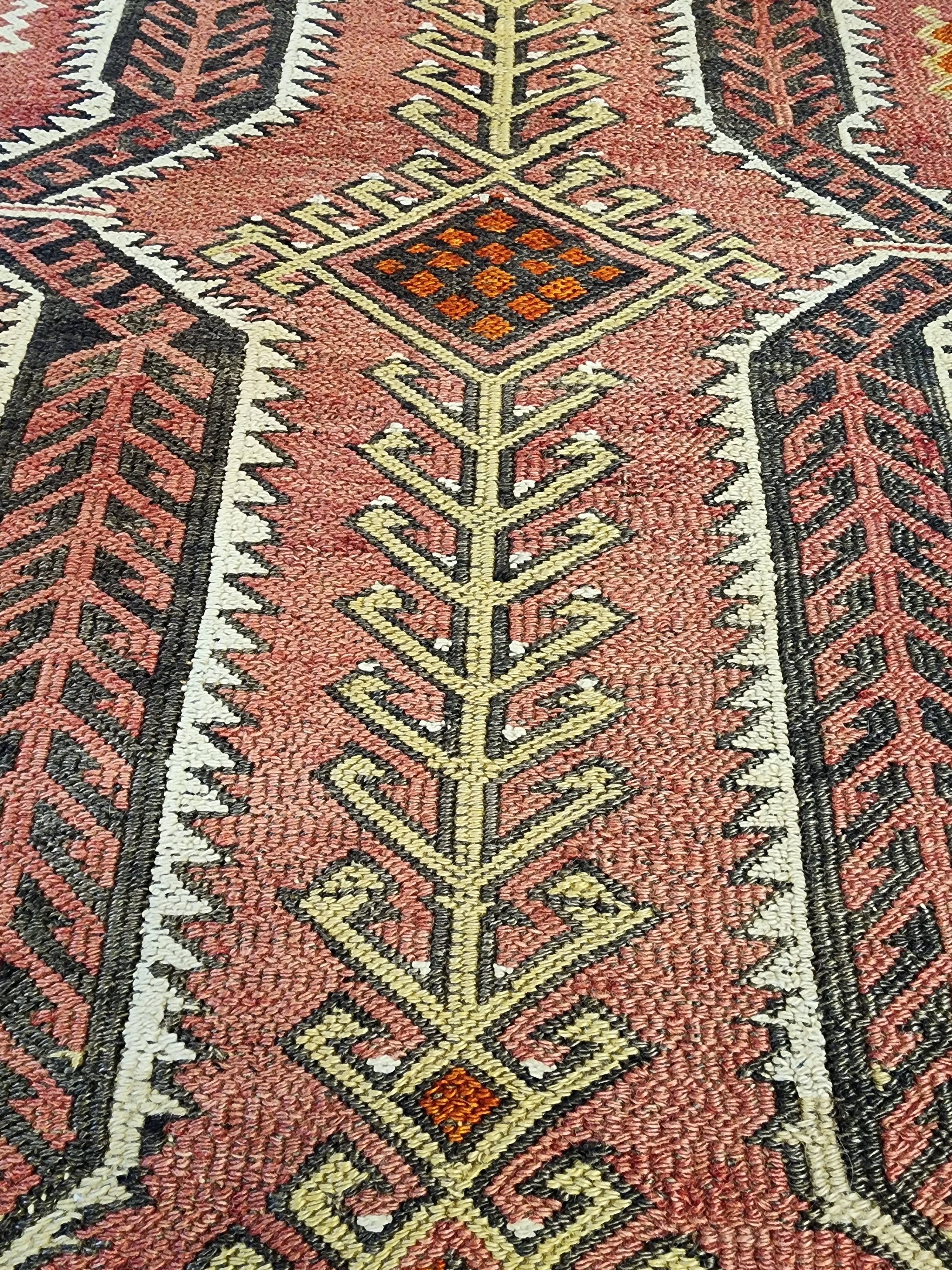 Antique Kilim Soumak Rug, Muted Pink Gray Boho Tribal Entryway Decor
