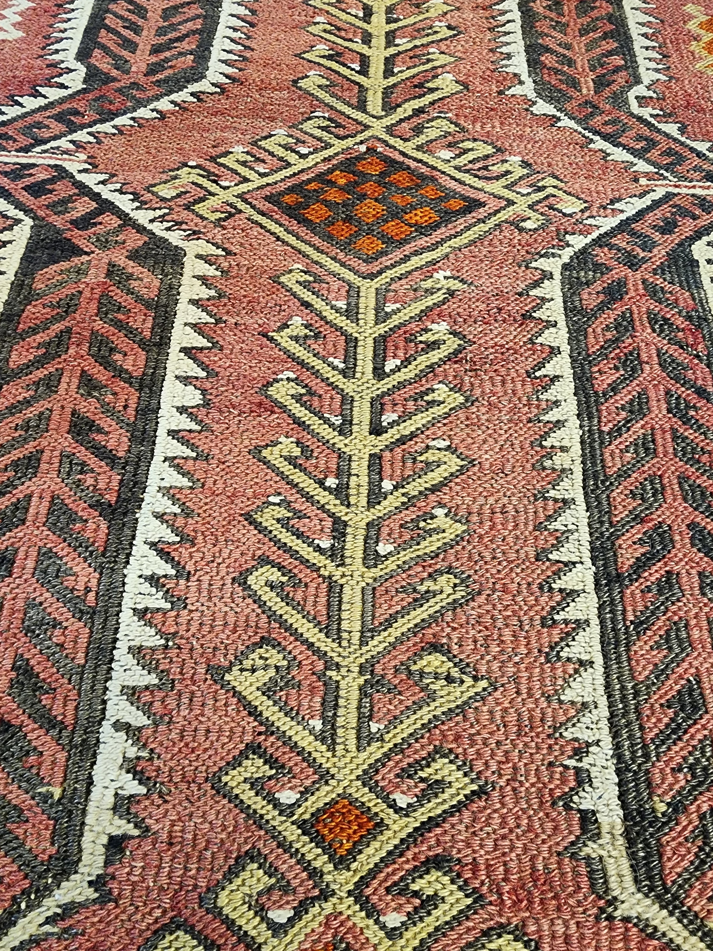 Antique Kilim Soumak Rug, Muted Pink Gray Boho Tribal Entryway Decor