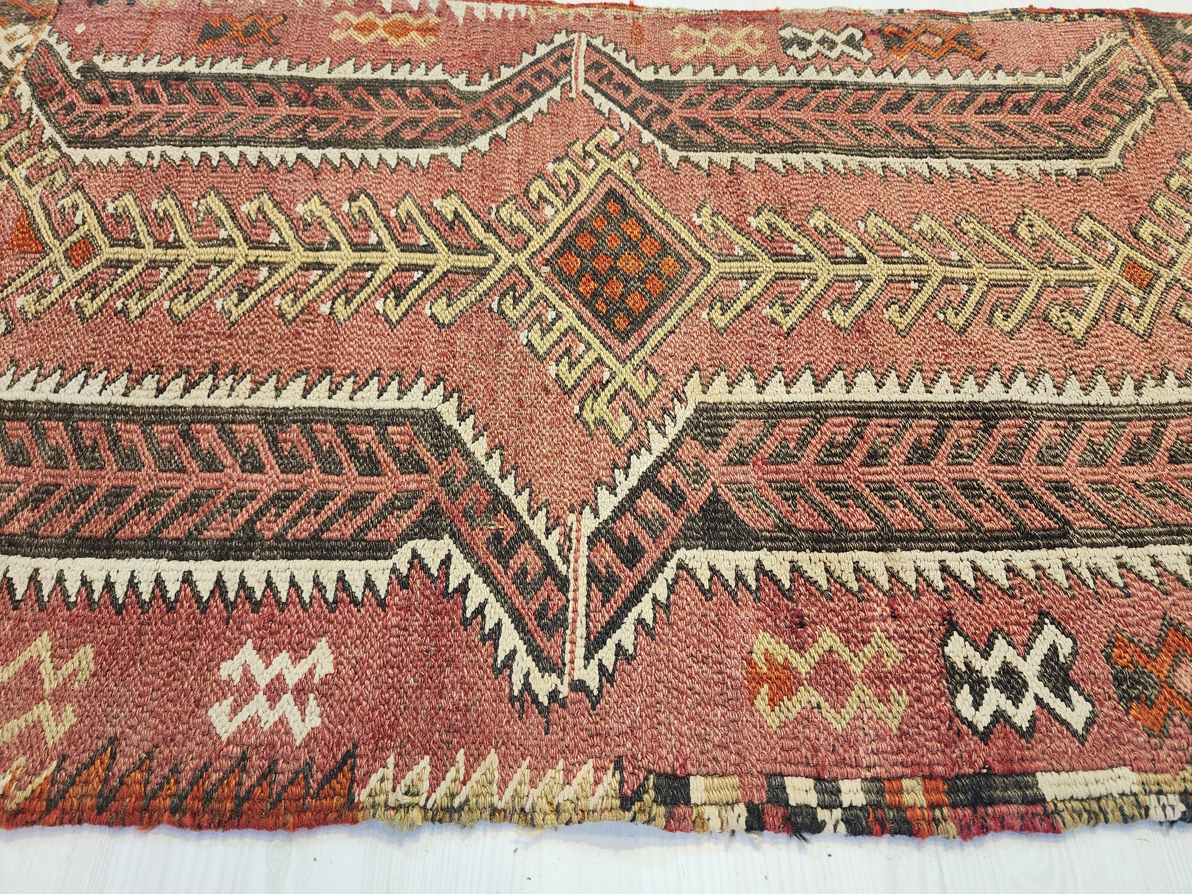 Antique Kilim Soumak Rug, Muted Pink Gray Boho Tribal Entryway Decor