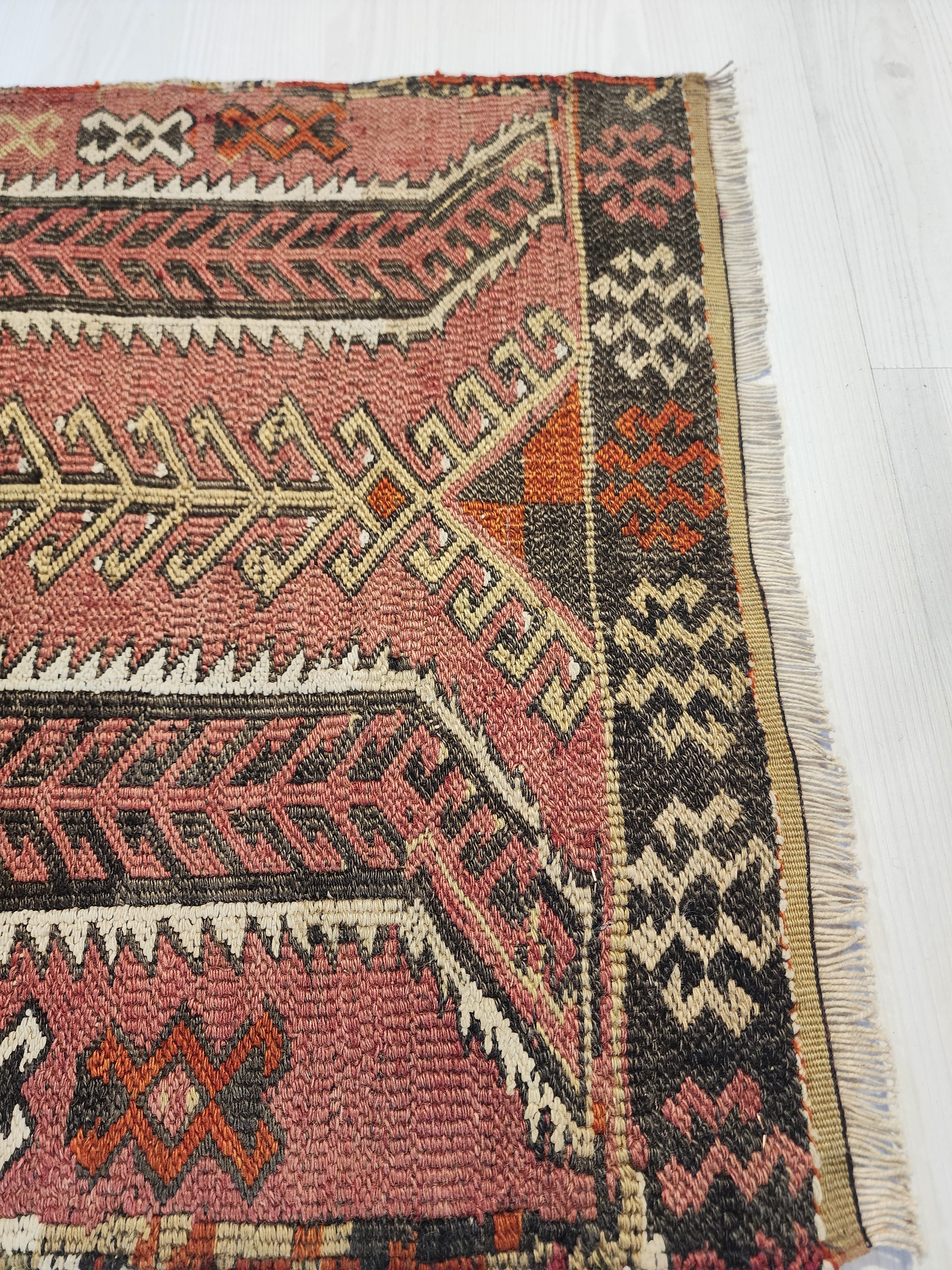 Antique Kilim Soumak Rug, Muted Pink Gray Boho Tribal Entryway Decor