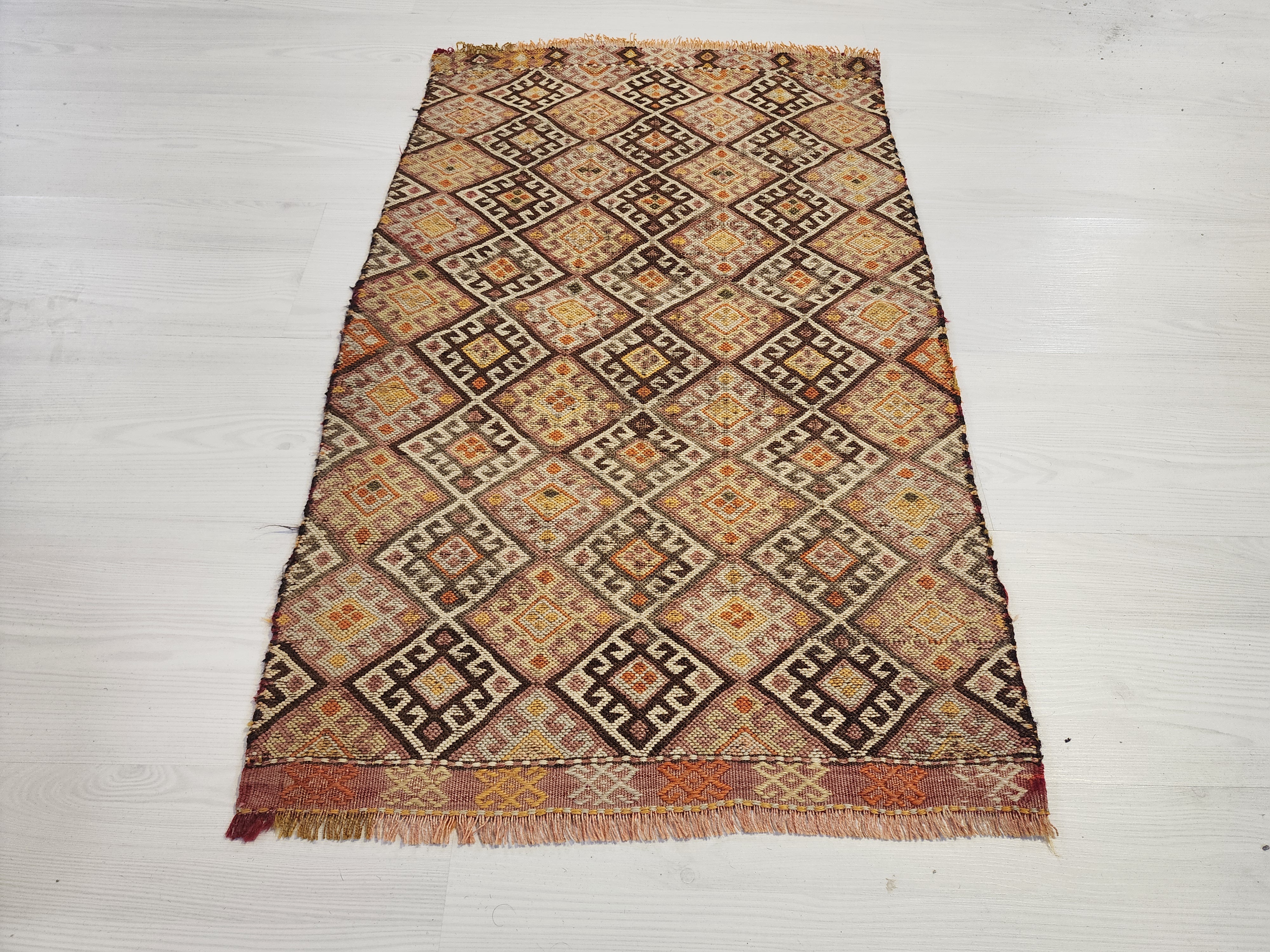 Antique Kilim Soumak Rug, Soft Purple Green Neutral Boho Decor, Anatolian Tribal Entryway Rug