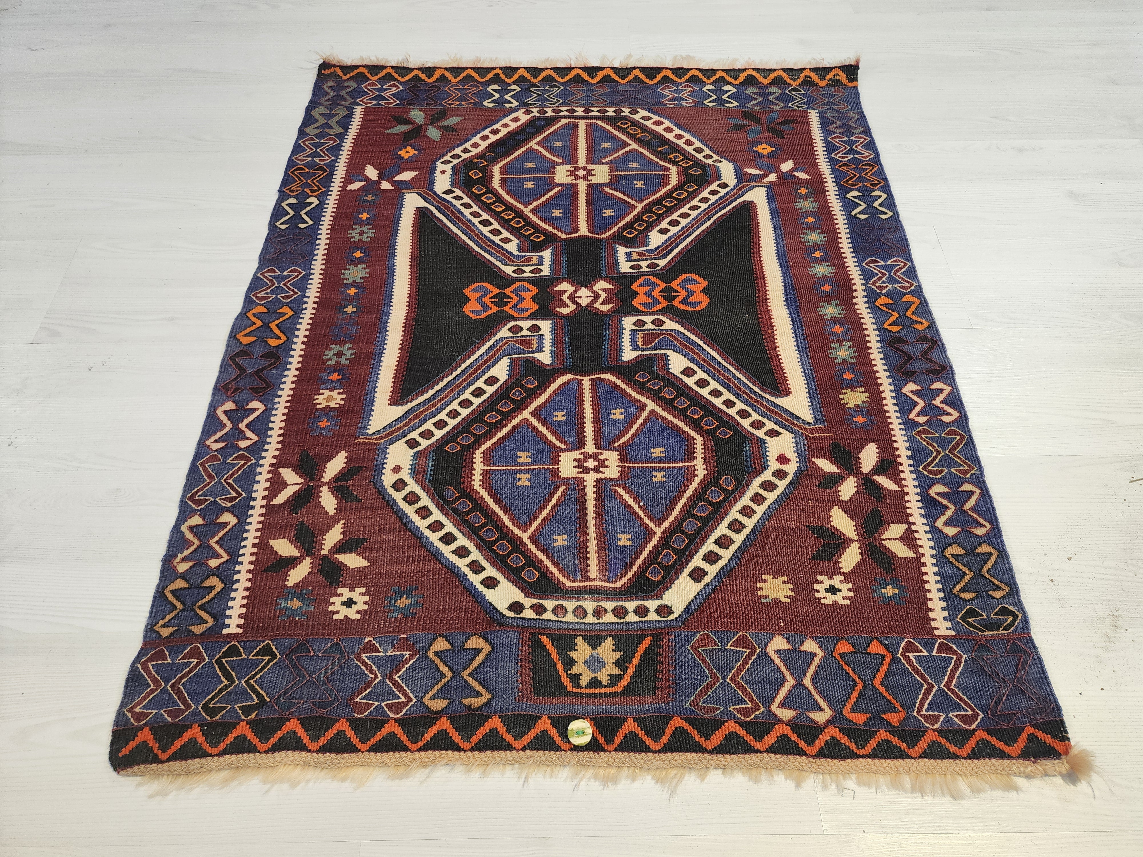 Antique Kars Kagizman Rug, Kurdish Tribal Wool Carpet, Double Headed Eagle, Natural Root Dye