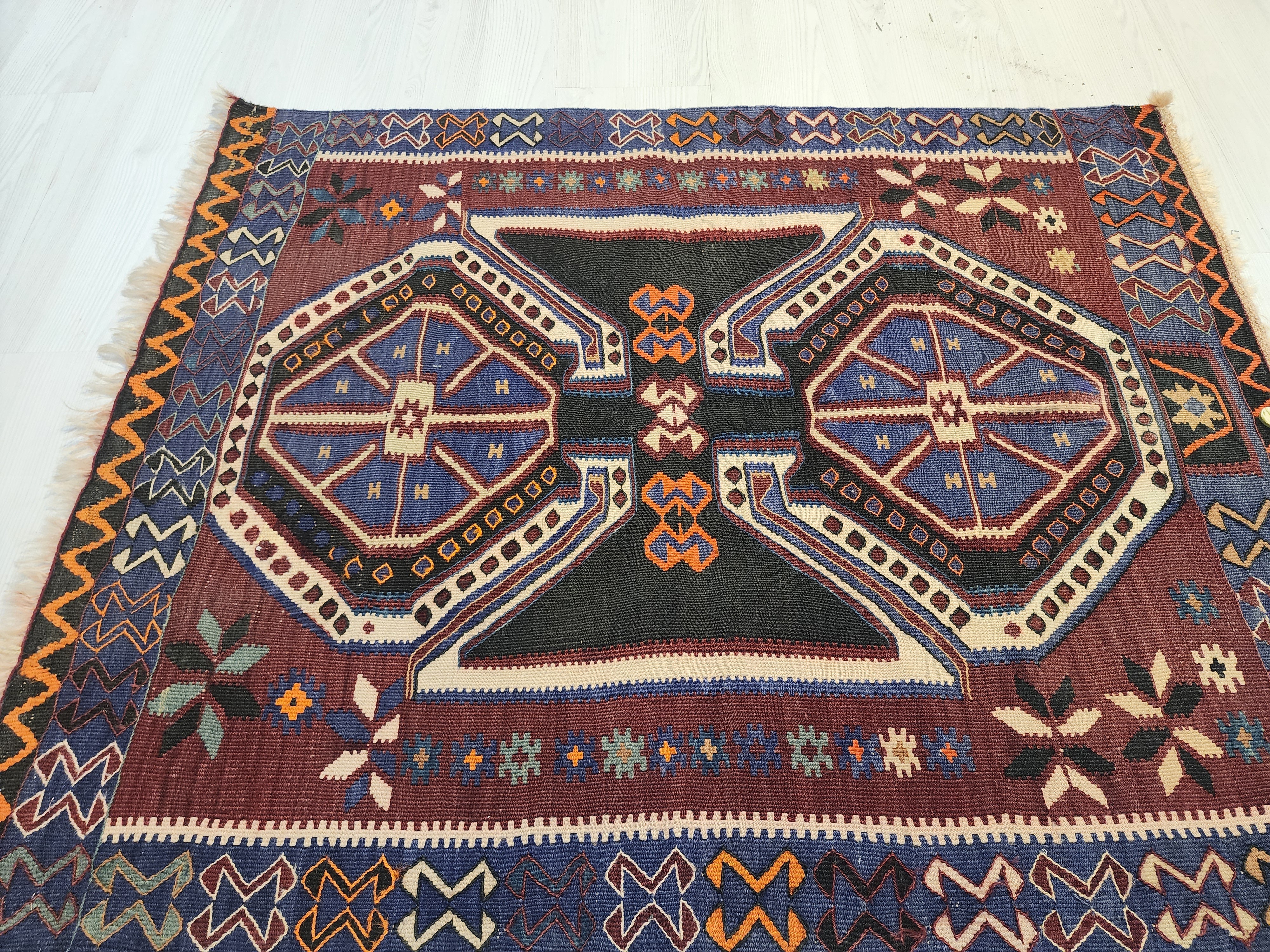 Antique Kars Kagizman Rug, Kurdish Tribal Wool Carpet, Double Headed Eagle, Natural Root Dye