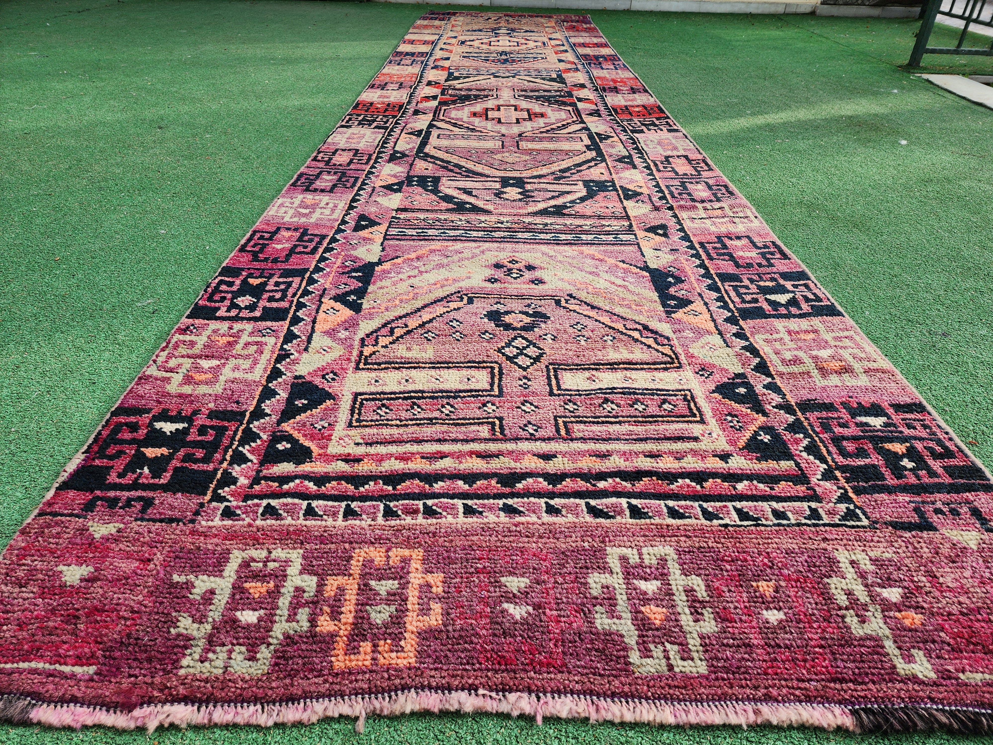 antique Tribal Wool Runner Rug — border pattern