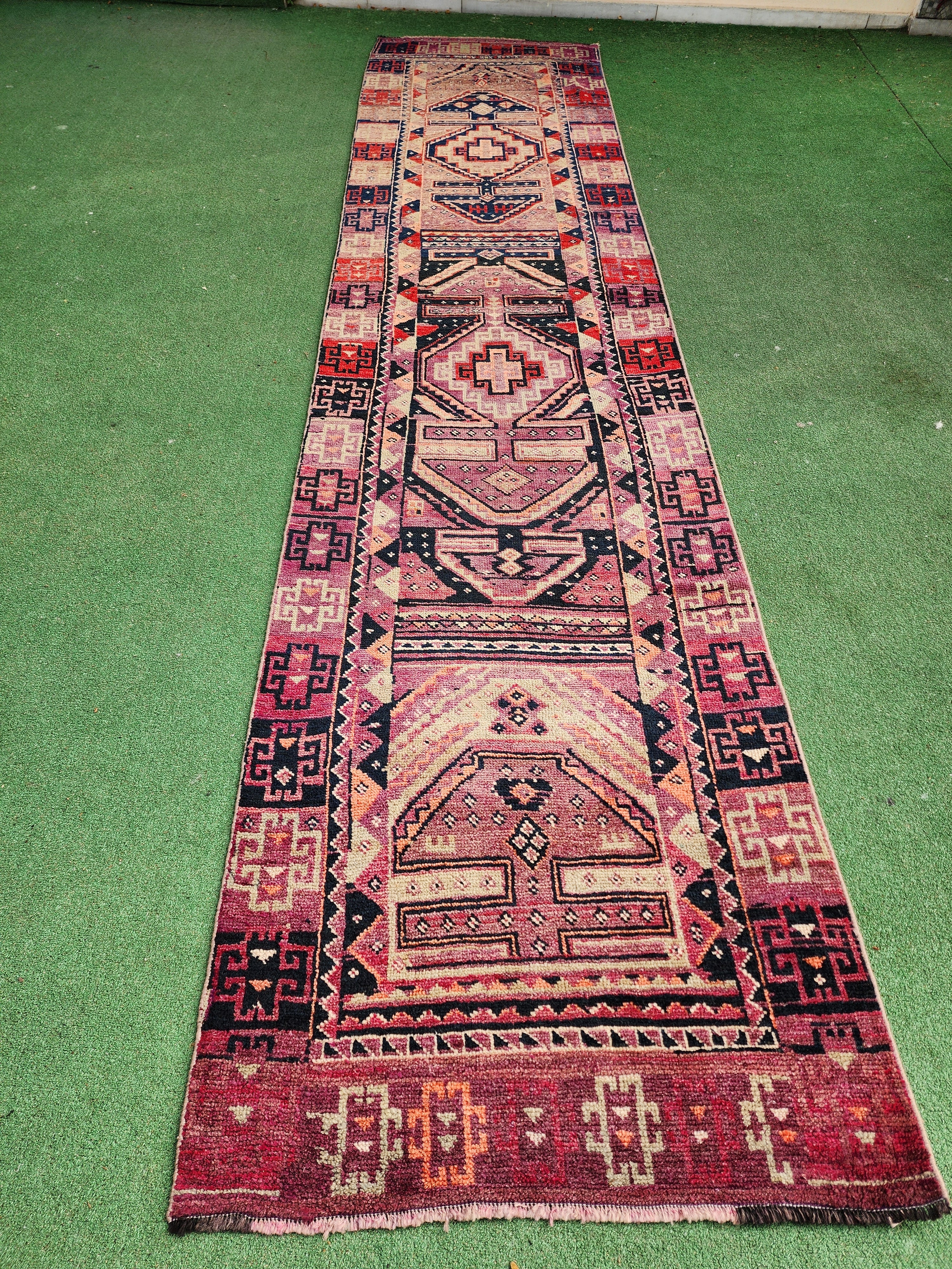 antique Tribal Wool Runner Rug — back view