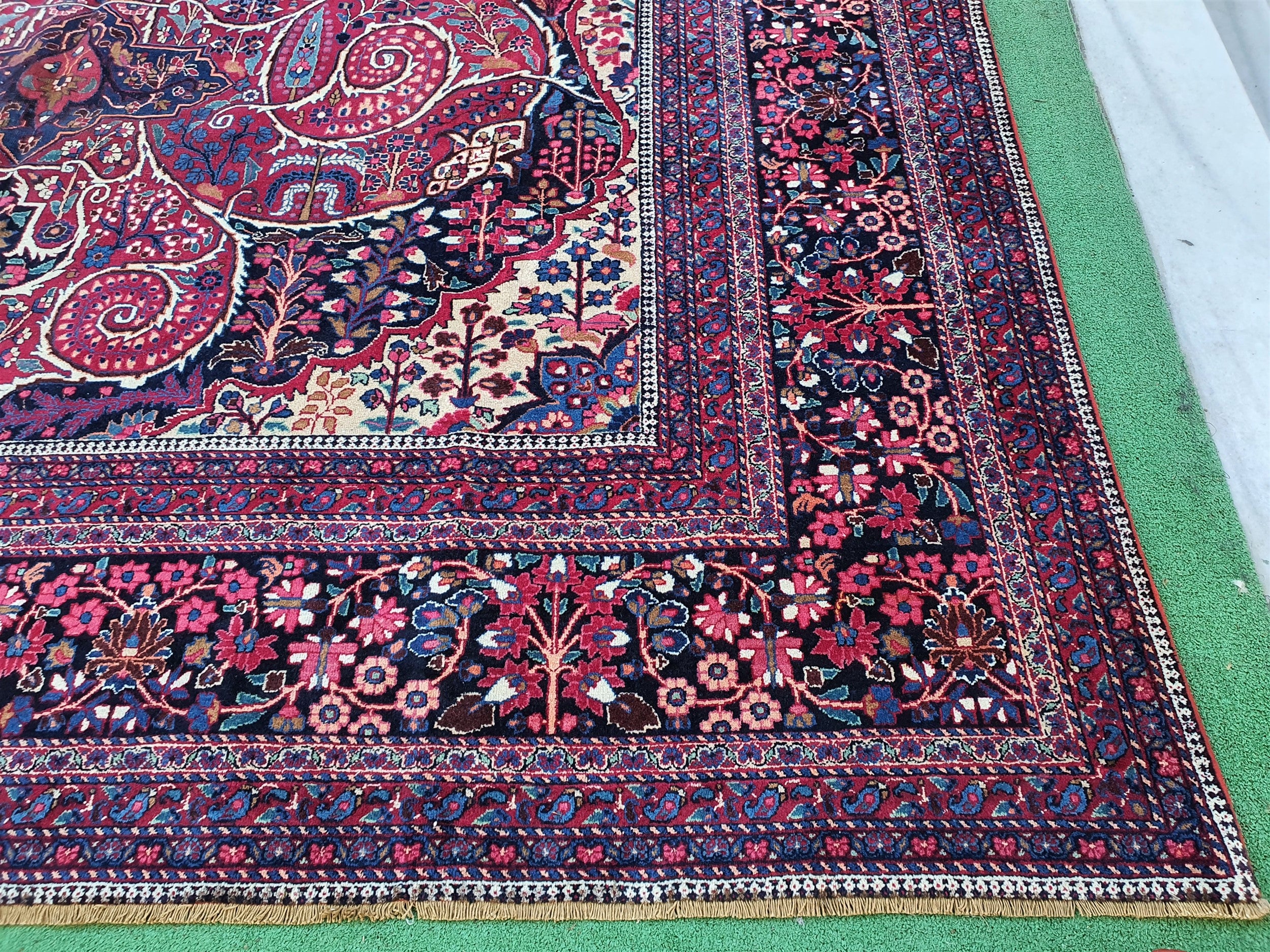 Antique Persian Rug 13 x 10 ft Blue Red Large Floral Medallion Living Dining Room Rug