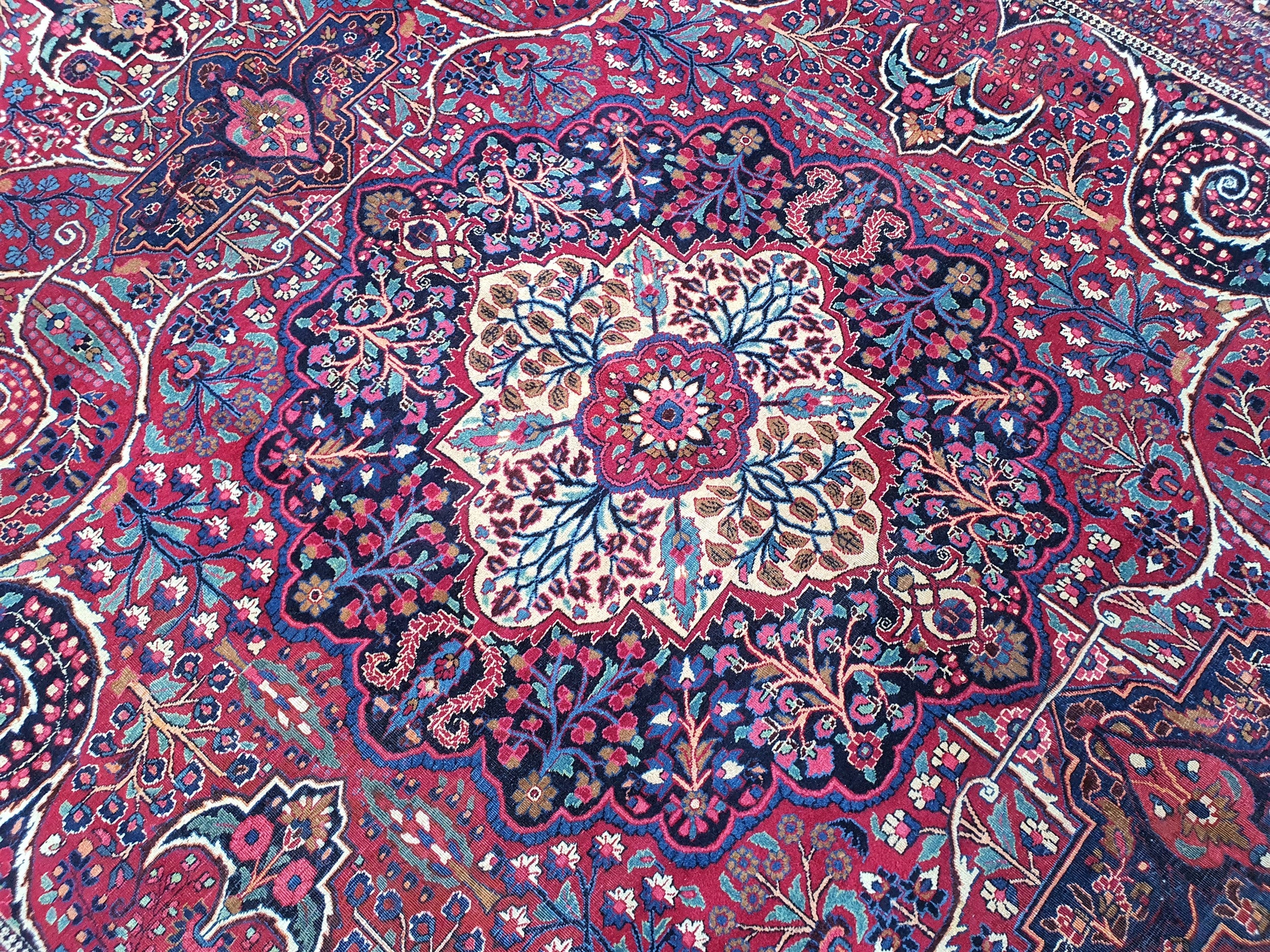 Antique Persian Rug 13 x 10 ft Blue Red Large Floral Medallion Living Dining Room Rug
