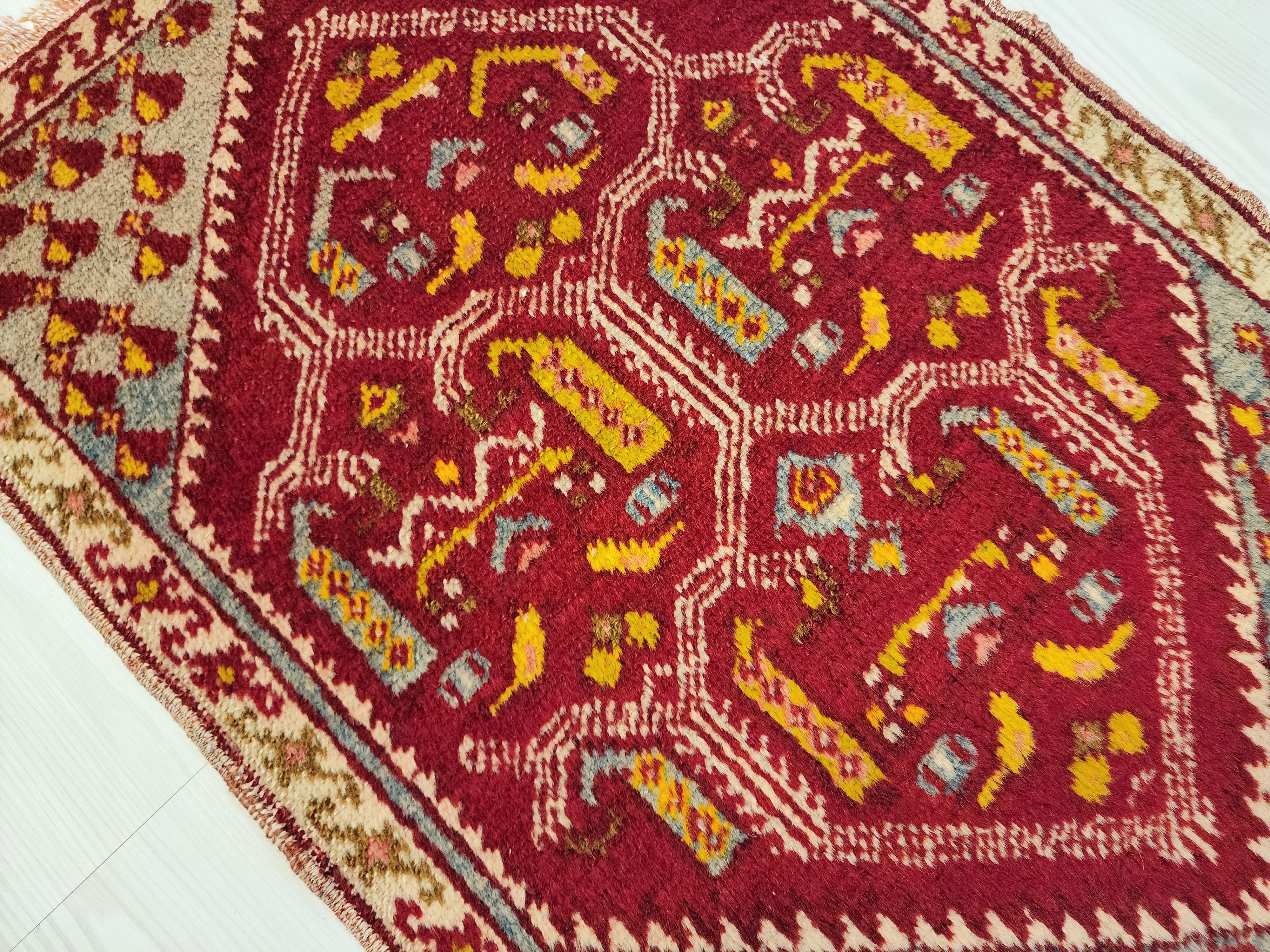 Vintage Anatolian Turkish Rug: Distressed Wool Bohemian Rug (1'7''x2'3'')