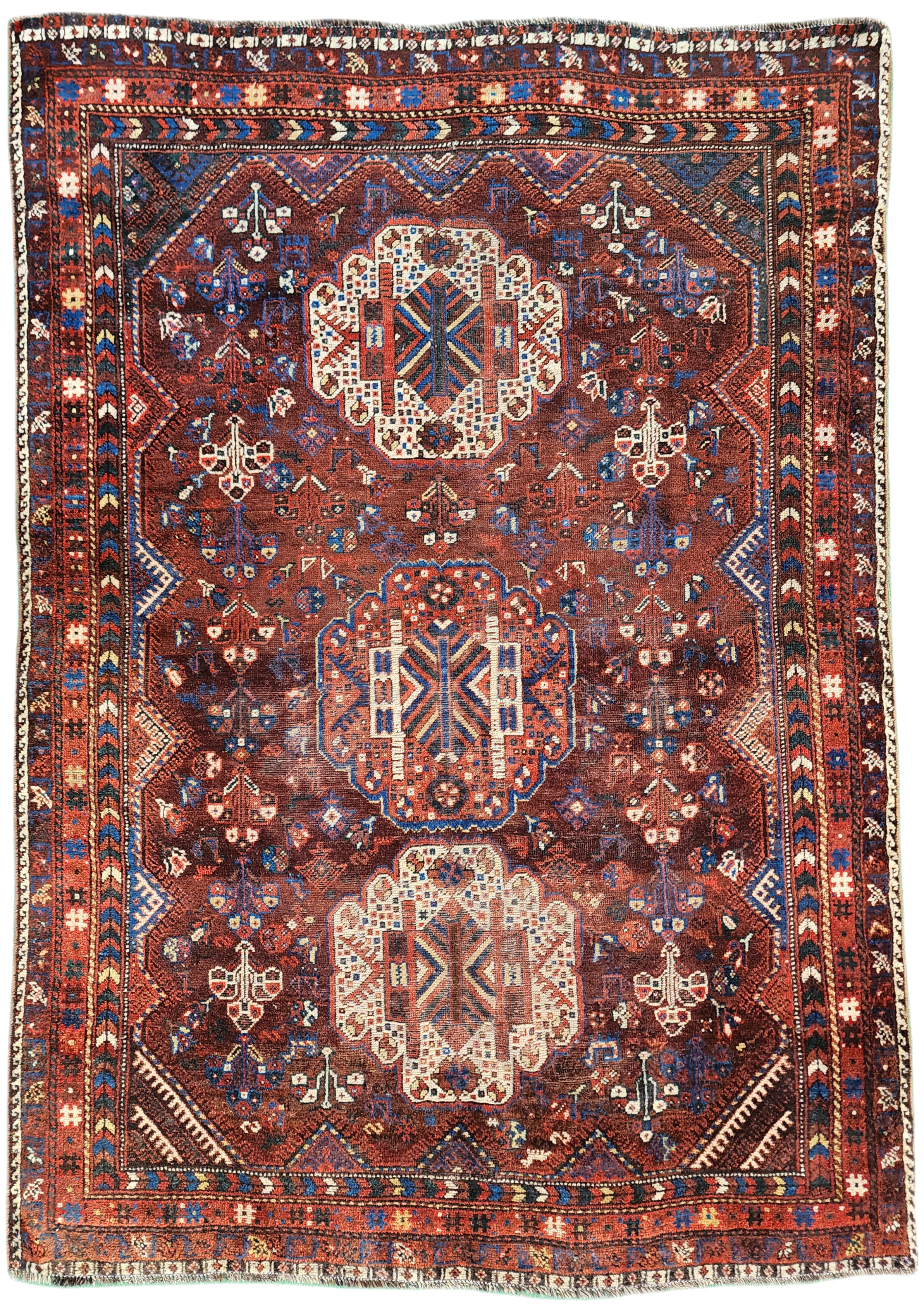 Alfombra persa antigua Shiraz de 1,55 m x 1,98 m