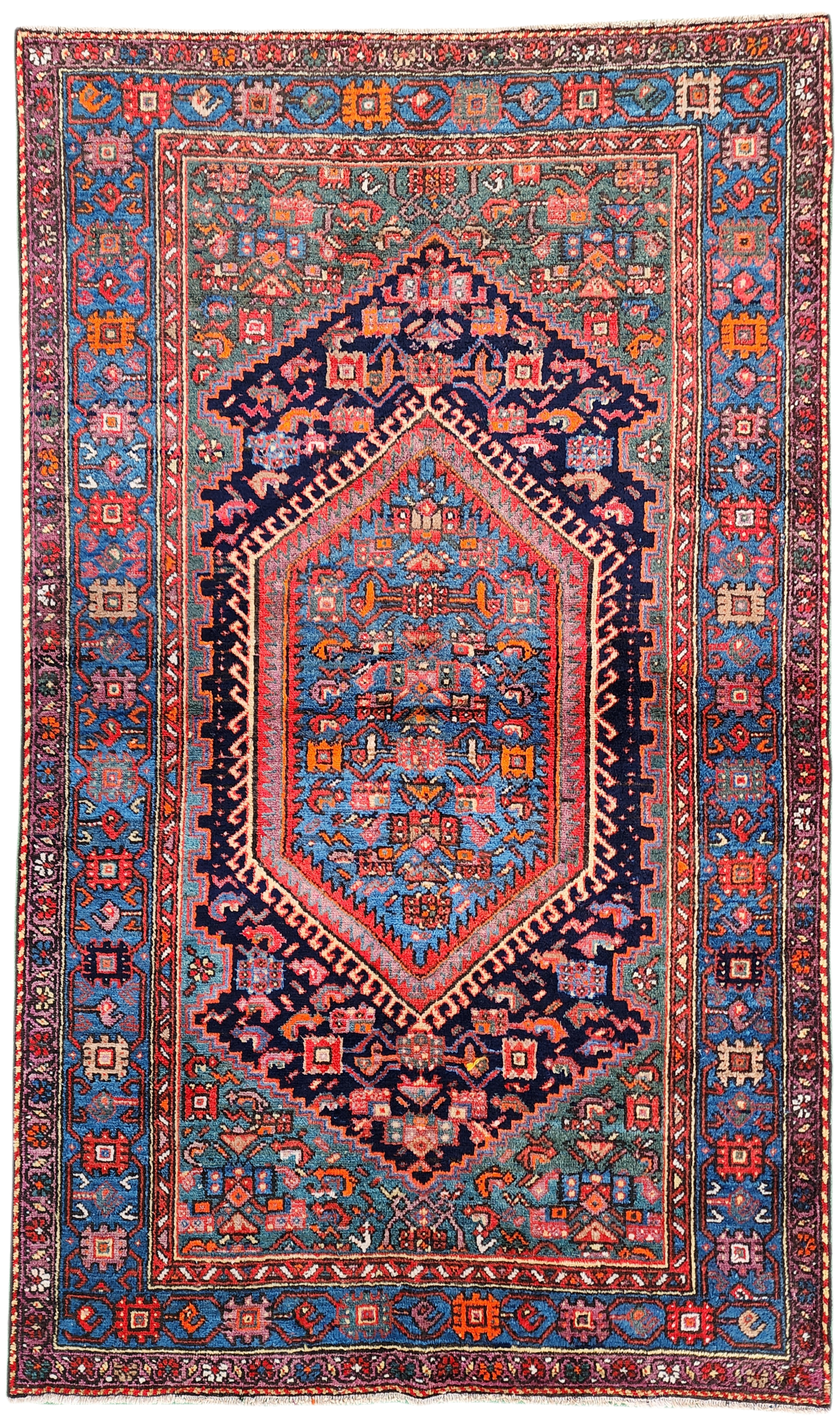 Persian Vintage Rug 7 x 5 ft Red Blue Green Natural Wool Vintage  Rug