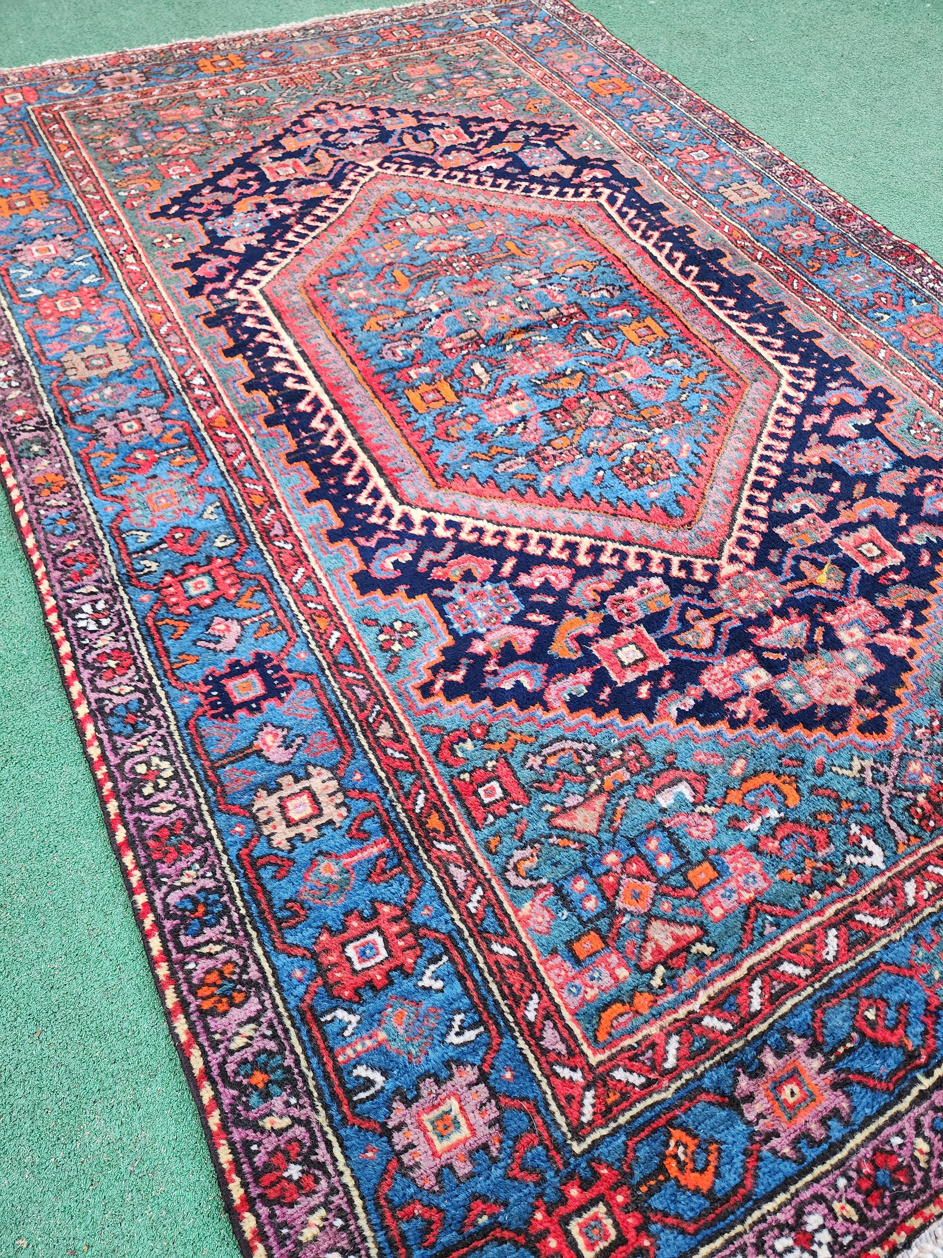 Persian Vintage Rug 7 x 5 ft Red Blue Green Natural Wool Vintage  Rug