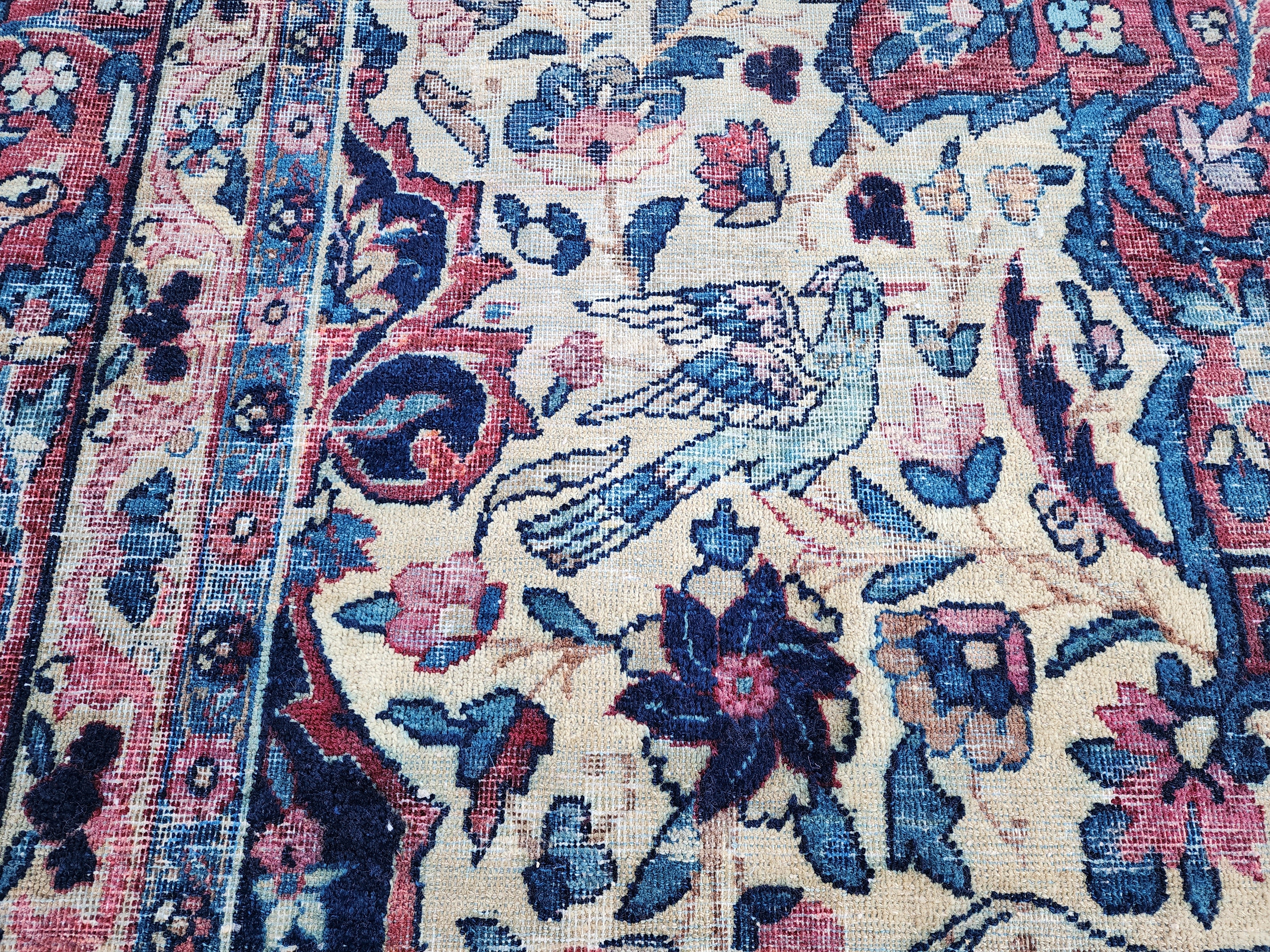 Antique Persian Rug, 11 ft x 8 ft, X Large Blue. Red and White Floral Medallion Turkish Rug Handmade from Natural Wool