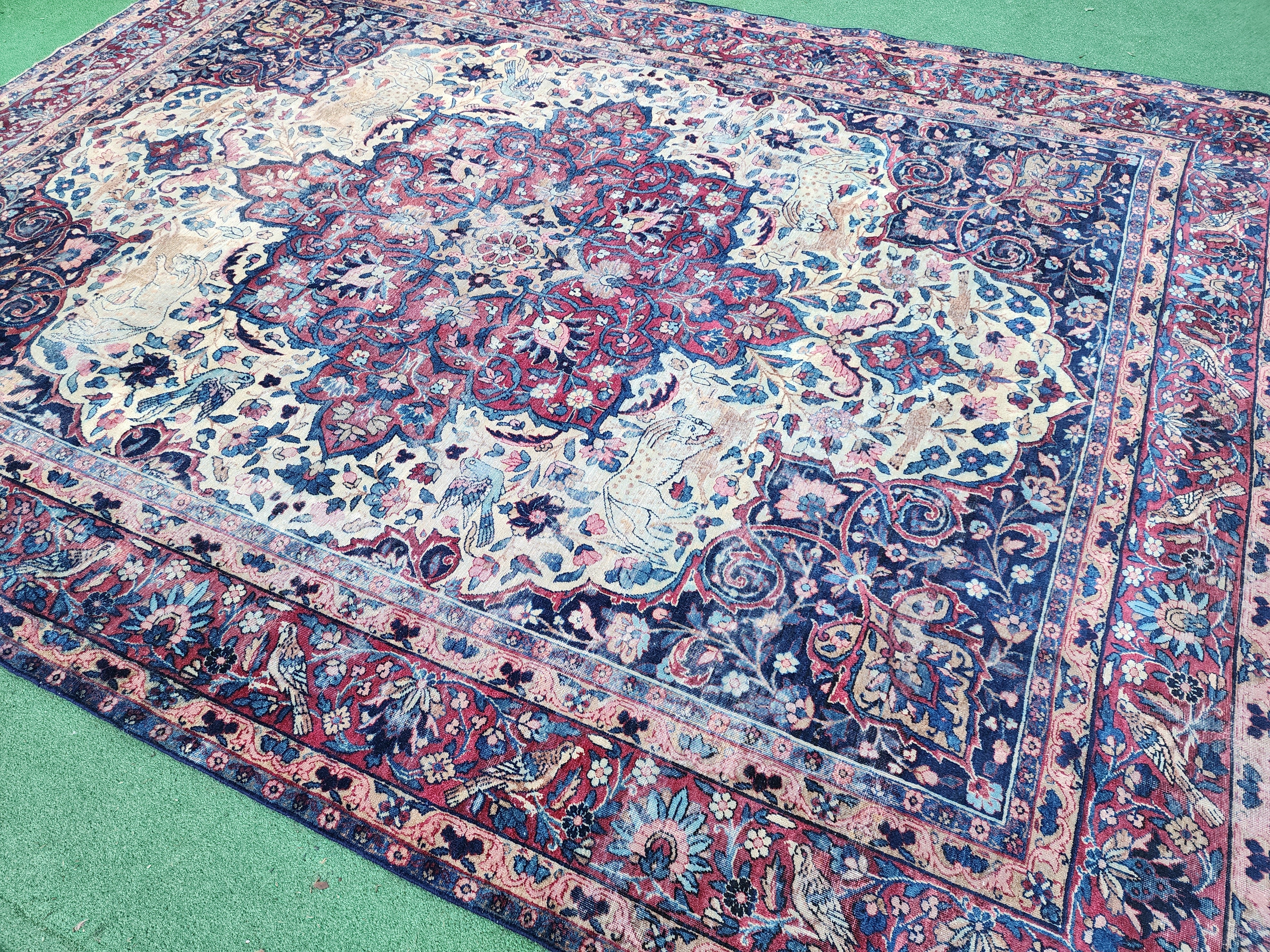 Antique Persian Rug, 11 ft x 8 ft, X Large Blue. Red and White Floral Medallion Turkish Rug Handmade from Natural Wool