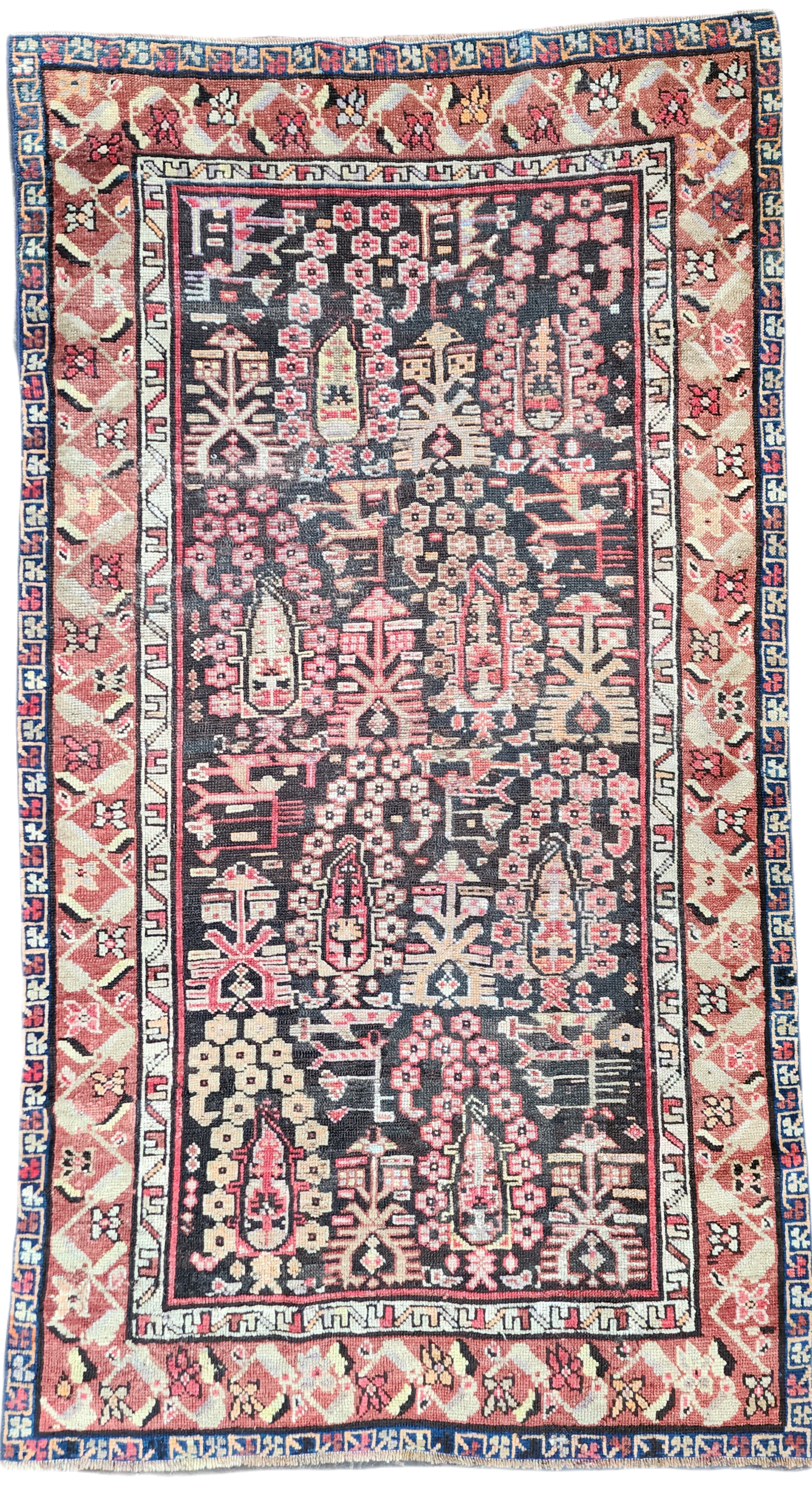 Antique Cacuasion Rug 6 ft 1 in x 3 ft 5 in, Red, Blue and White Floral Design Turkish Small Runner Rug Handmade fron Natural Wool