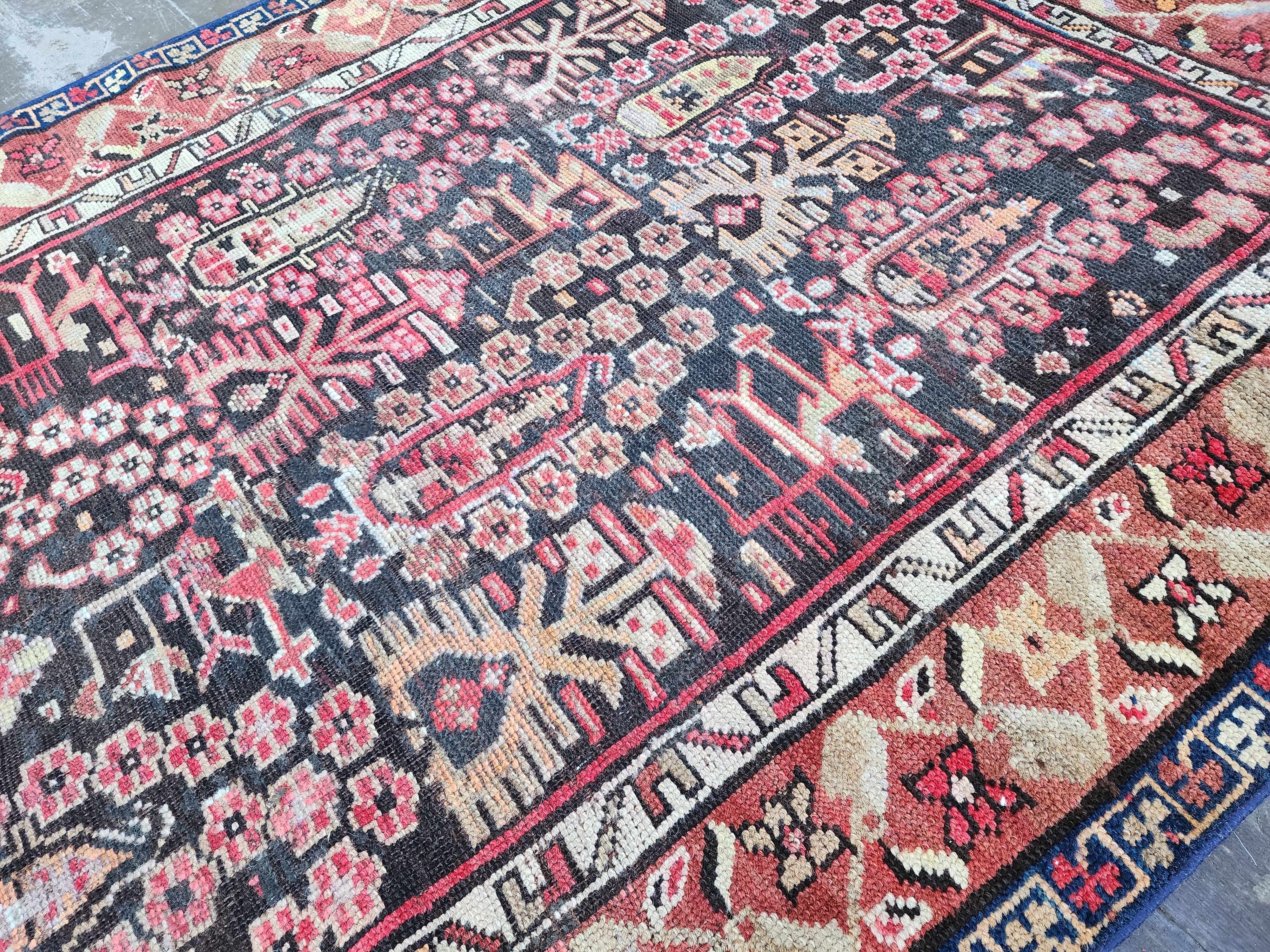 Antique Cacuasion Rug 6 ft 1 in x 3 ft 5 in, Red, Blue and White Floral Design Turkish Small Runner Rug Handmade fron Natural Wool