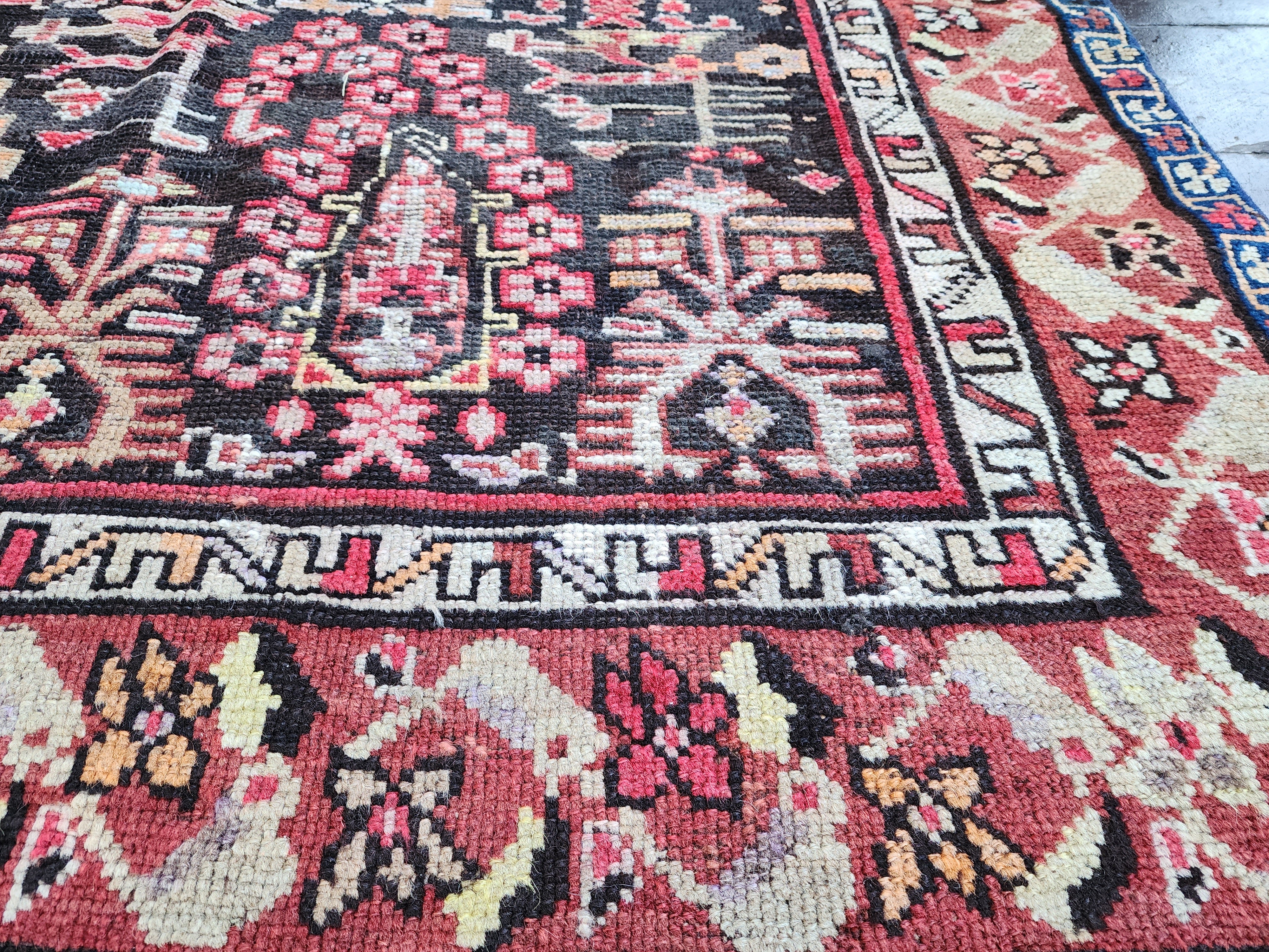 Antique Cacuasion Rug 6 ft 1 in x 3 ft 5 in, Red, Blue and White Floral Design Turkish Small Runner Rug Handmade fron Natural Wool