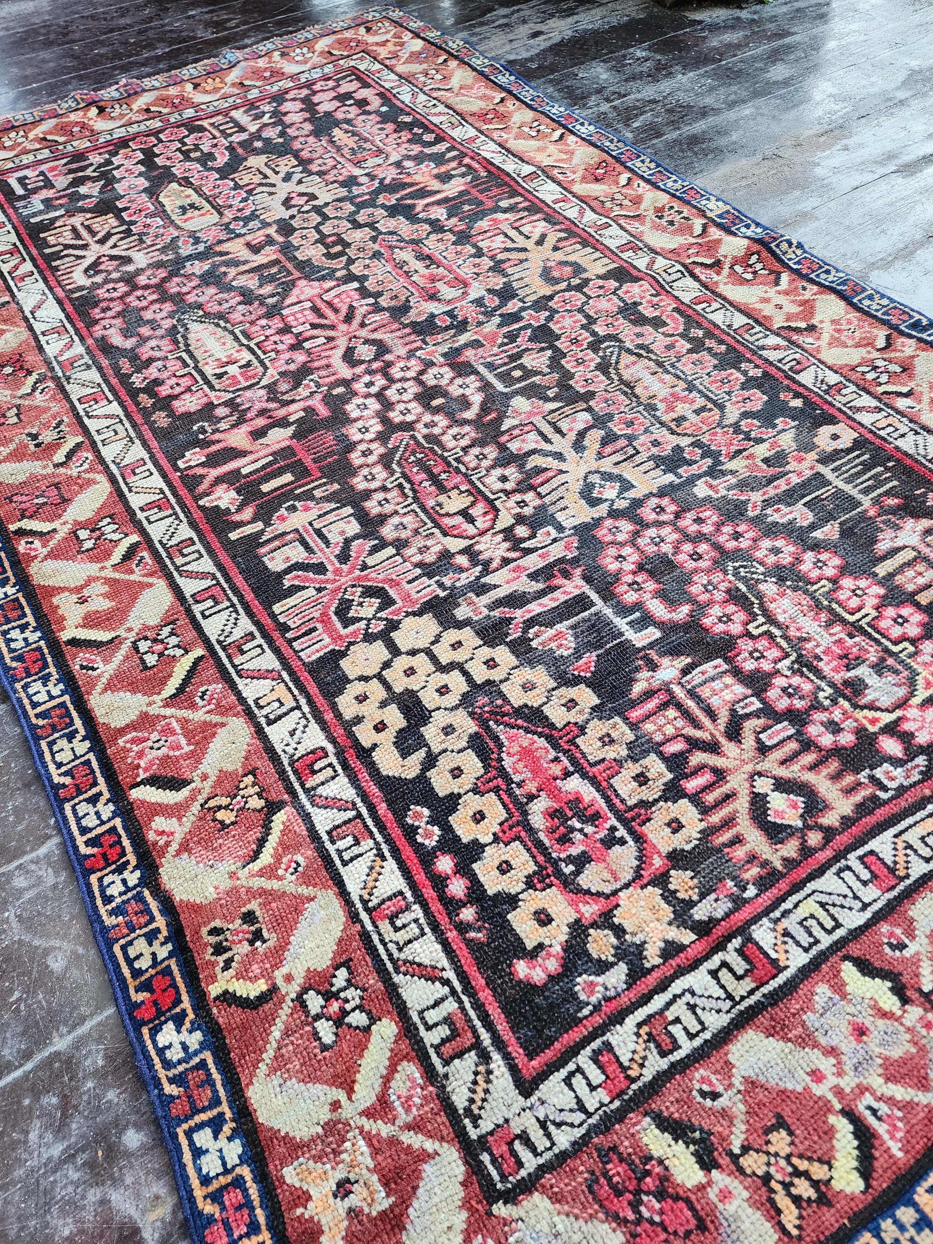 Antique Cacuasion Rug 6 ft 1 in x 3 ft 5 in, Red, Blue and White Floral Design Turkish Small Runner Rug Handmade fron Natural Wool