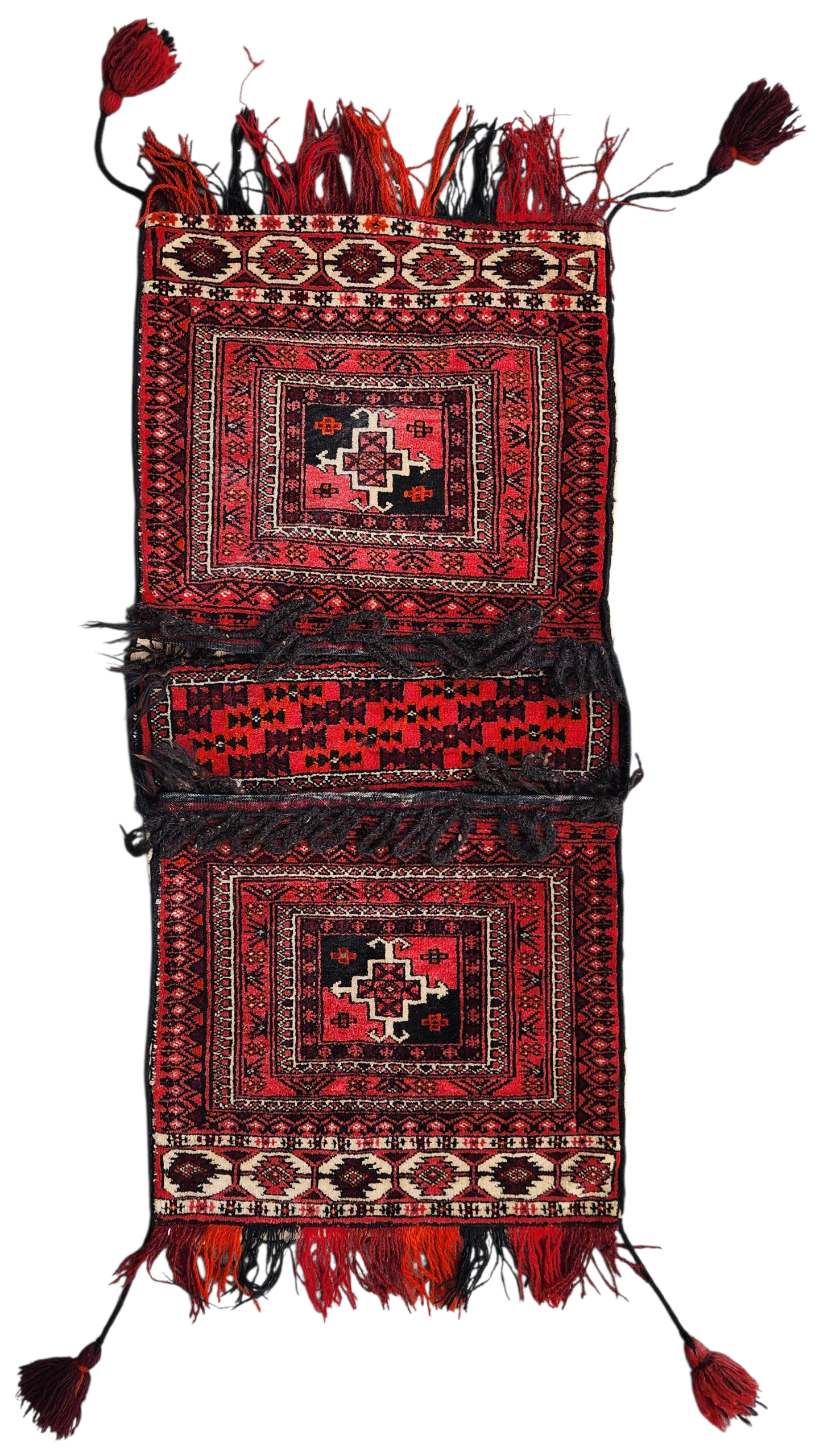 Vintage Turkish Wool Saddlebag Rug: Red and Black Anatolian Decor