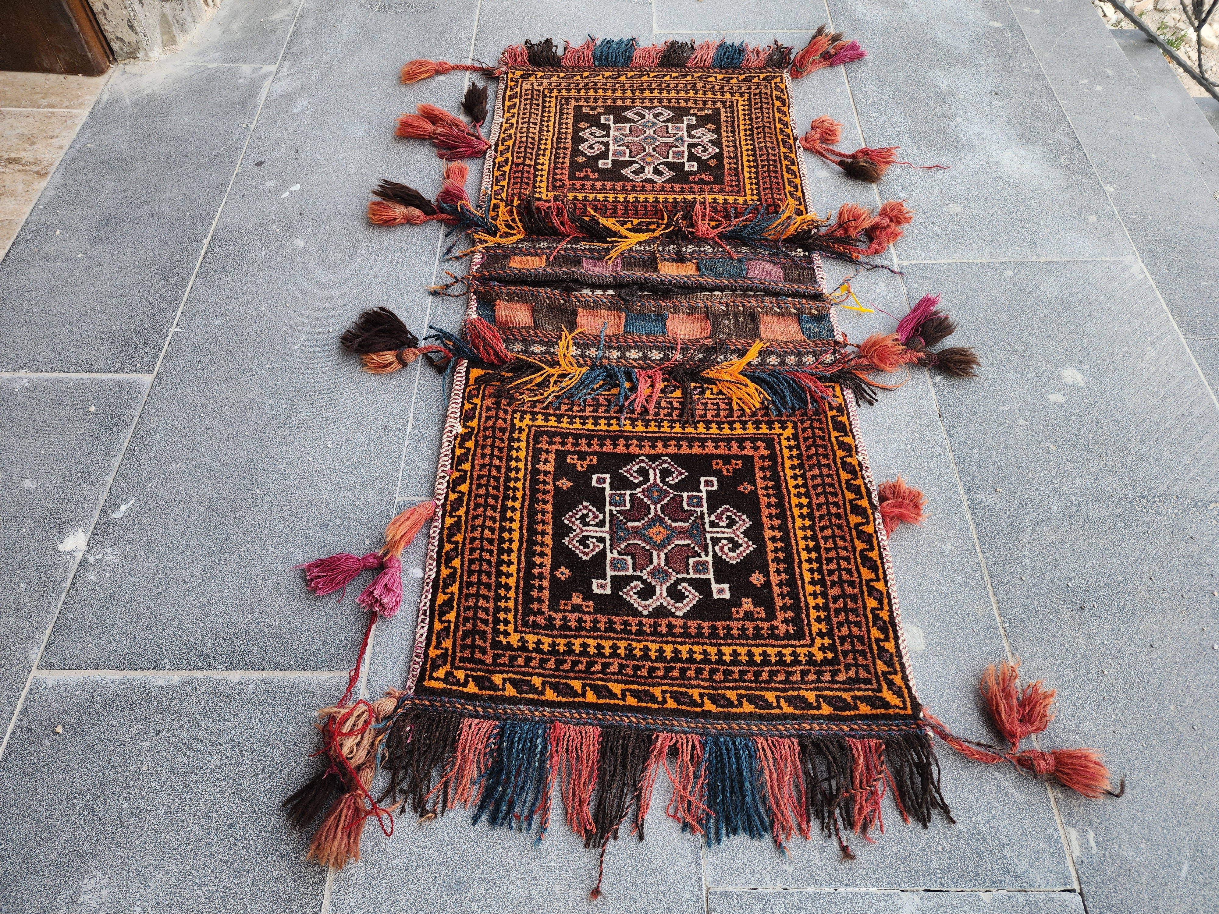 Vintage Turkish Carpet Saddlebags: 3 ft 6 in x 1 ft 8 in Red and Black Wool Entryway Rug