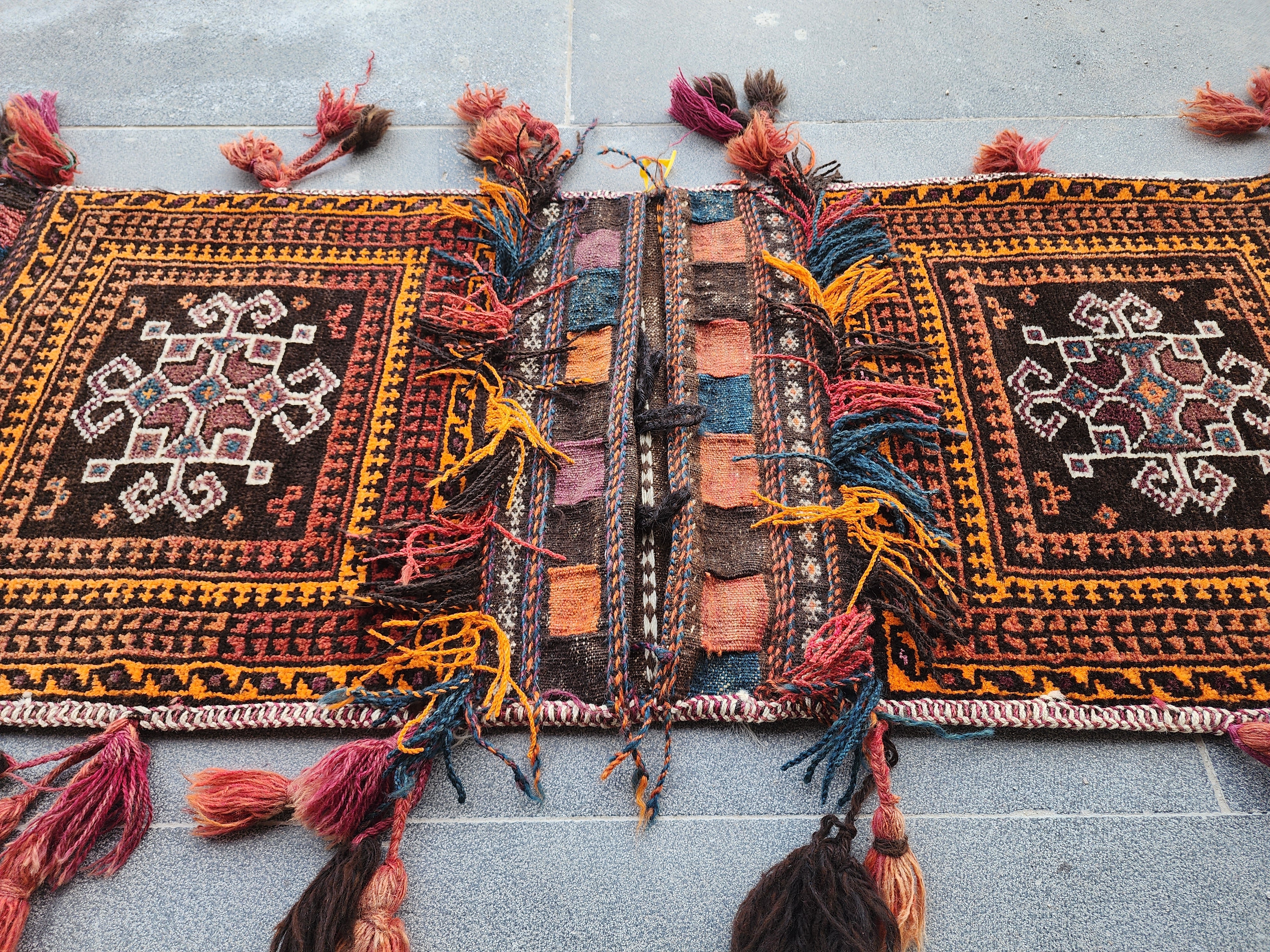 Vintage Turkish Carpet Saddlebags: 3 ft 6 in x 1 ft 8 in Red and Black Wool Entryway Rug