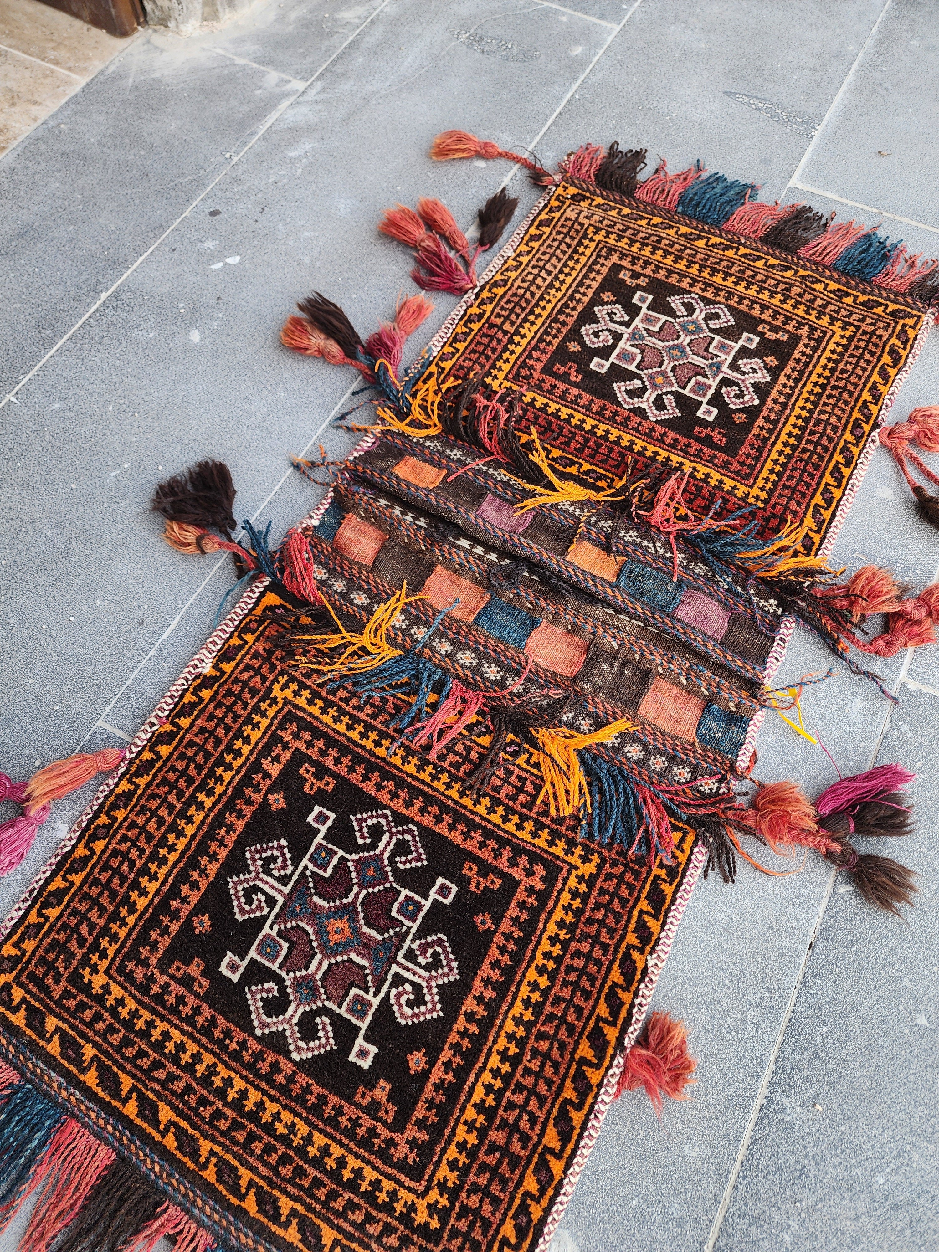 Vintage Turkish Carpet Saddlebags: 3 ft 6 in x 1 ft 8 in Red and Black Wool Entryway Rug