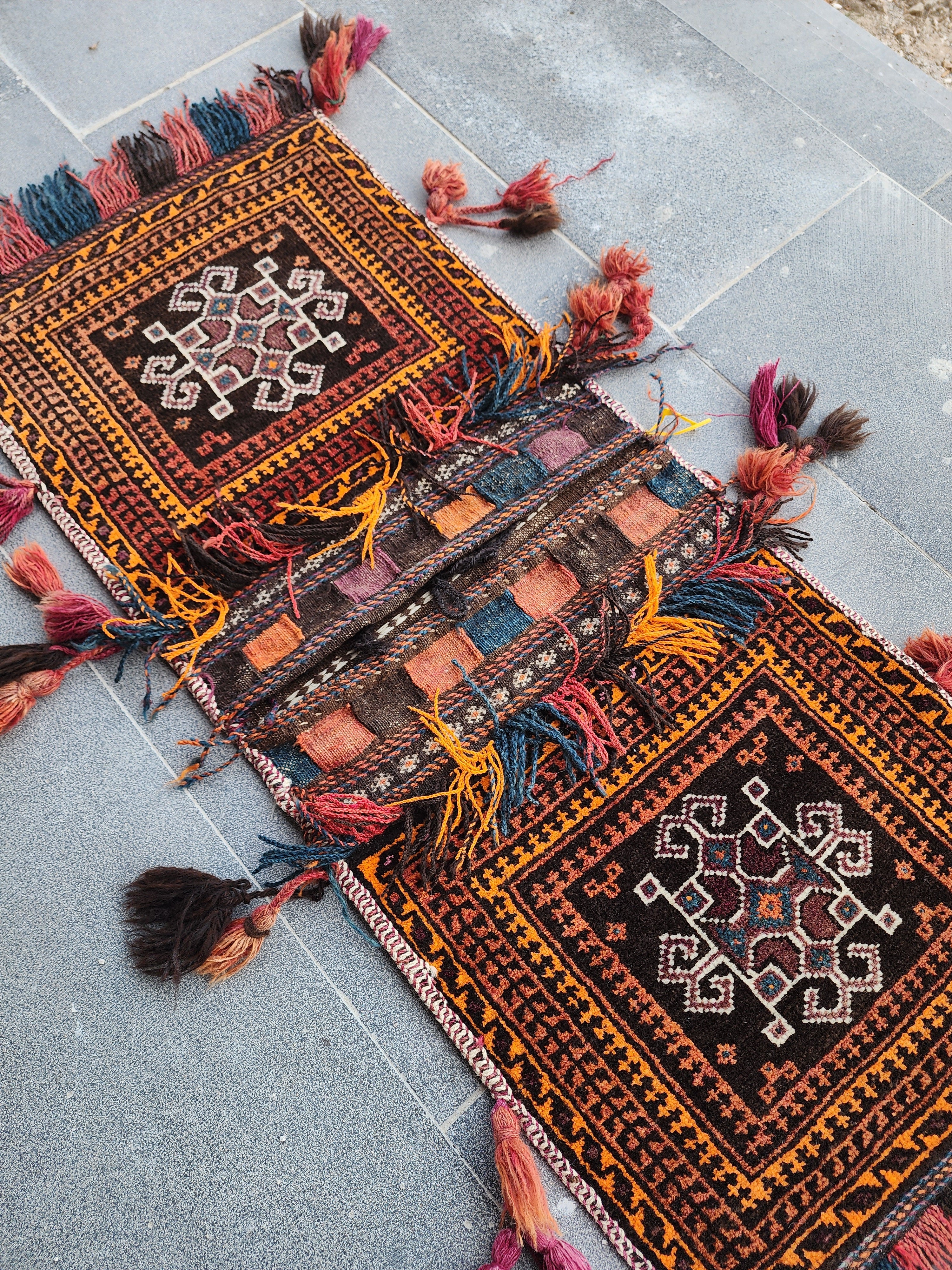 Vintage Turkish Carpet Saddlebags: 3 ft 6 in x 1 ft 8 in Red and Black Wool Entryway Rug