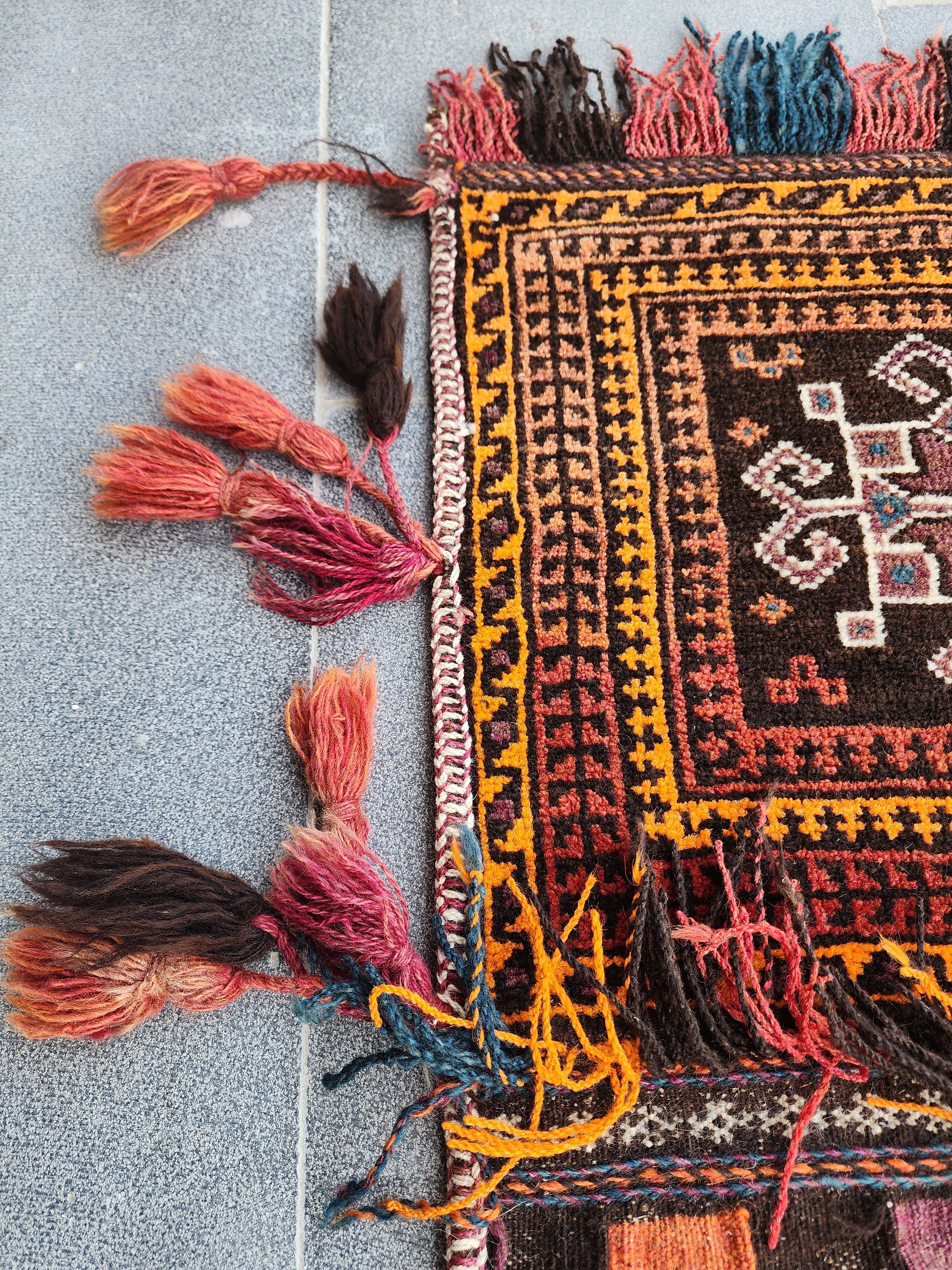 Vintage Turkish Carpet Saddlebags: 3 ft 6 in x 1 ft 8 in Red and Black Wool Entryway Rug