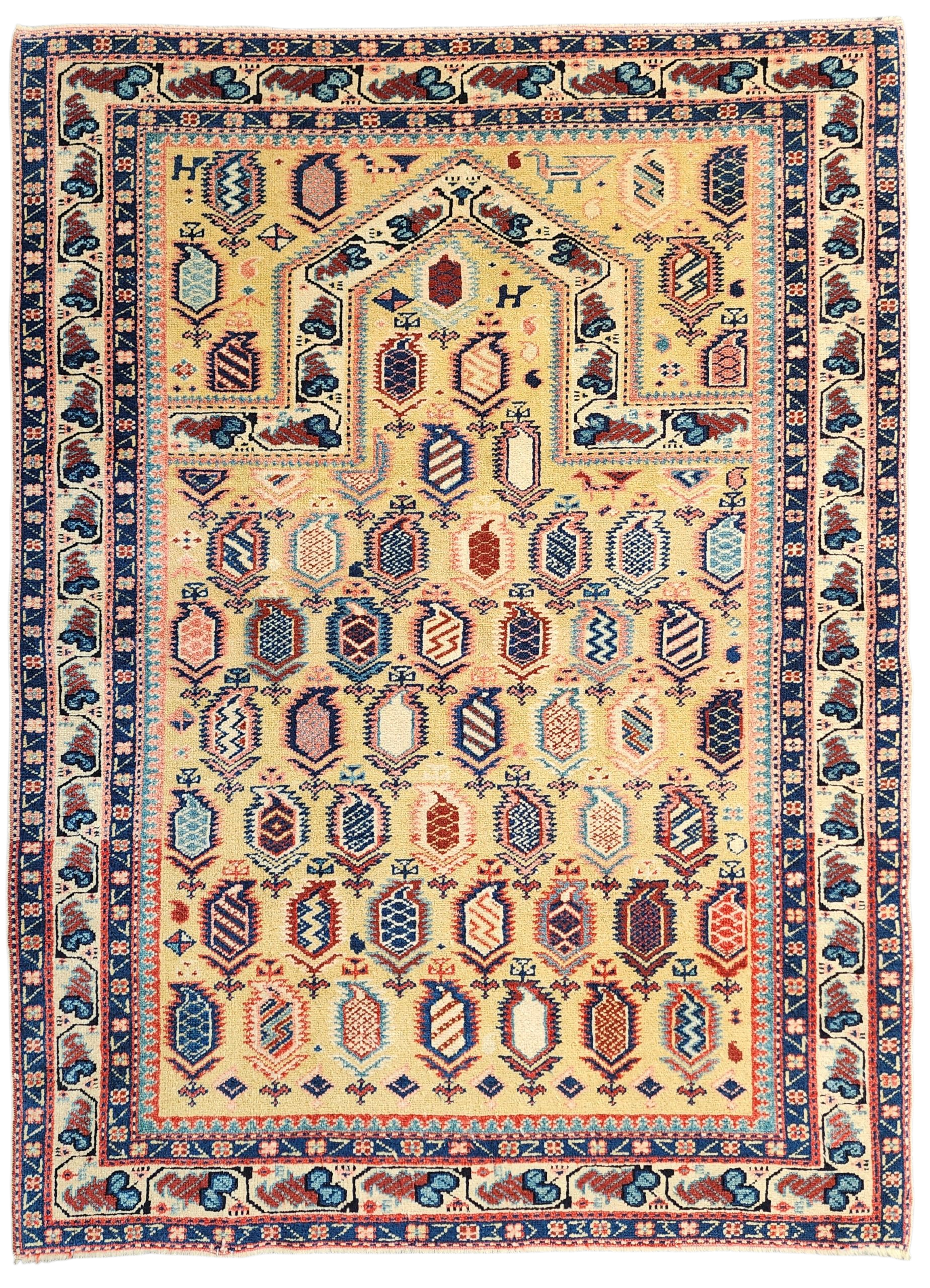 Antique Cacuasin Shirvan Rug 5 x 4 ft, Distressed Overdyed Boho Rustic Living Room Floor Rug, Natural Wool Pastel Persian Area Medallion Rug