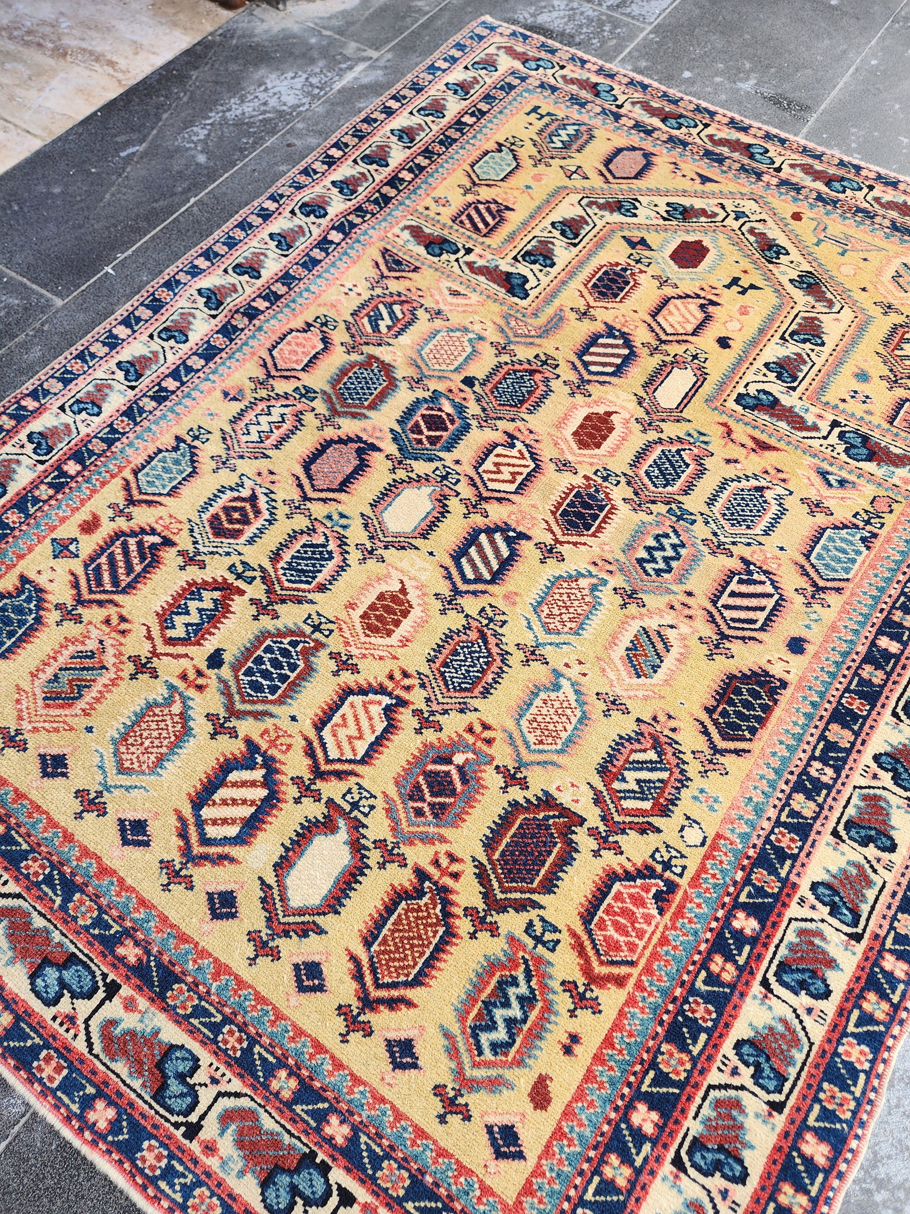 Antique Cacuasin Shirvan Rug 5 x 4 ft, Distressed Overdyed Boho Rustic Living Room Floor Rug, Natural Wool Pastel Persian Area Medallion Rug