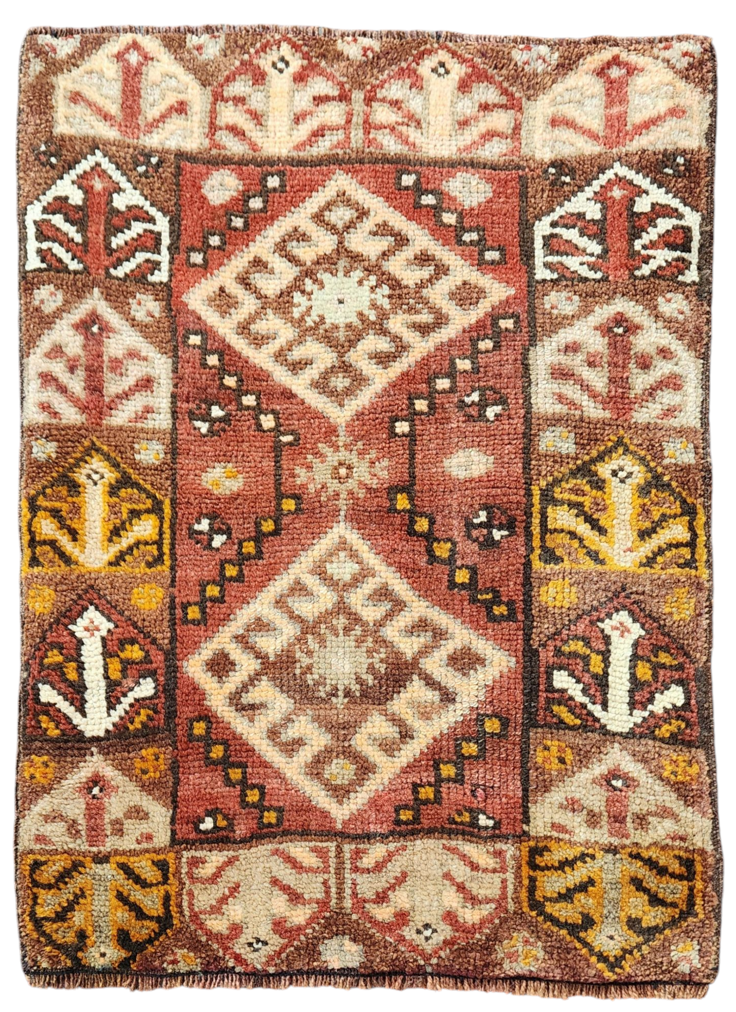 Antique Turkish Erzurum Rug, 2 ft 7 in x 2 ft, Brown, Orange and White Medallion Motif Rug Handmade in Erzurum from Natural Wool