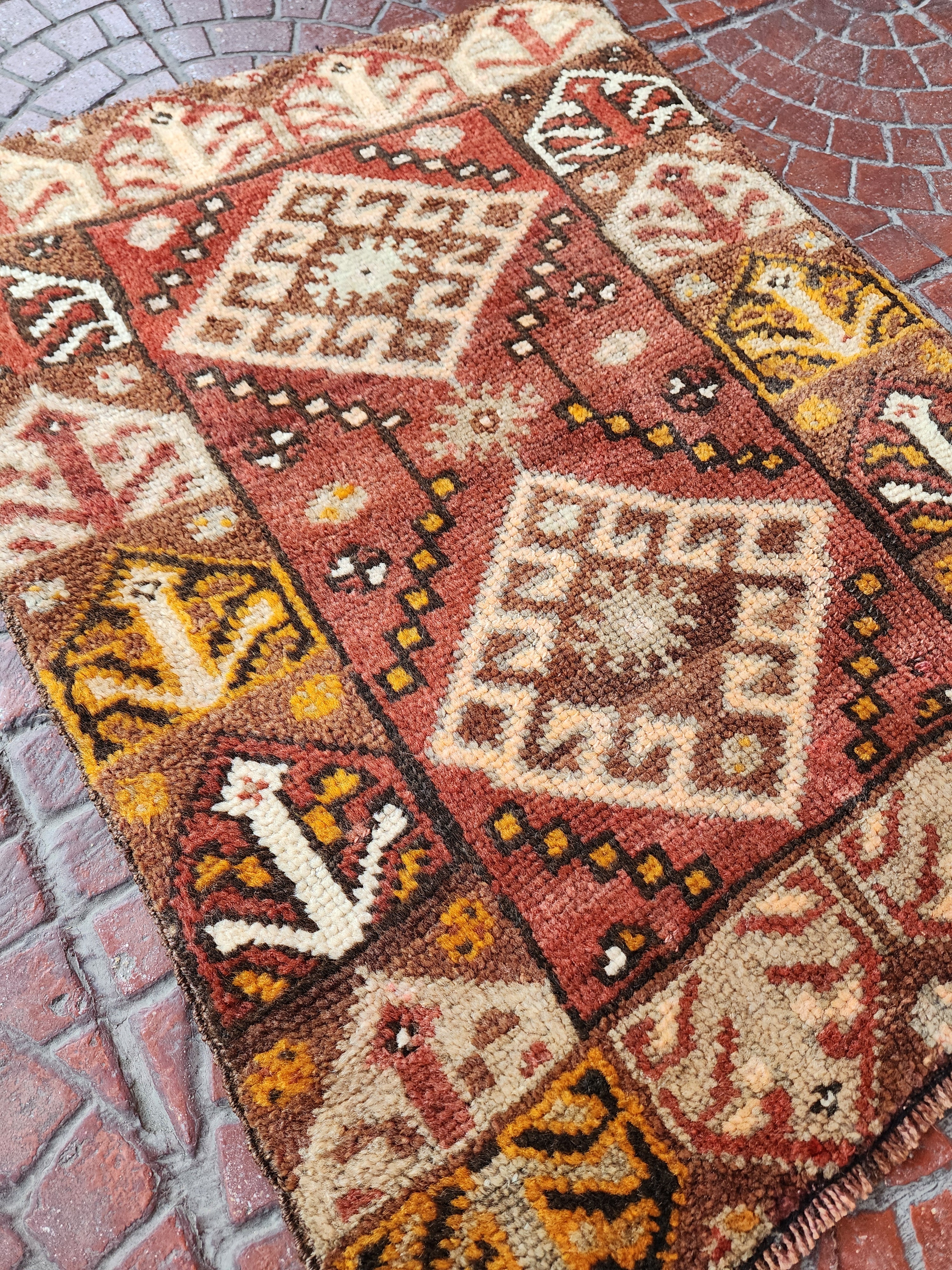Antique Turkish Erzurum Rug, 2 ft 7 in x 2 ft, Brown, Orange and White Medallion Motif Rug Handmade in Erzurum from Natural Wool