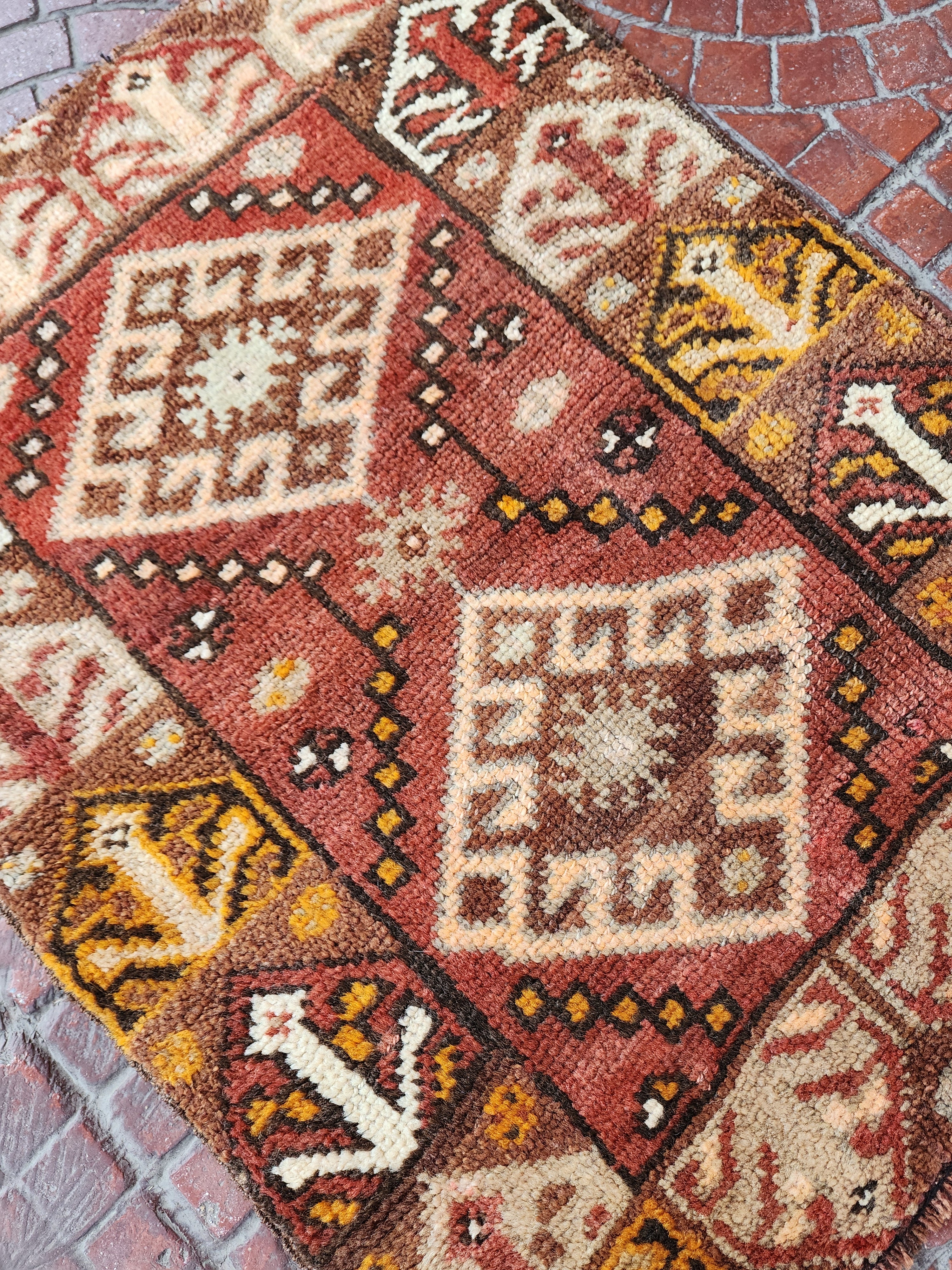Antique Turkish Erzurum Rug, 2 ft 7 in x 2 ft, Brown, Orange and White Medallion Motif Rug Handmade in Erzurum from Natural Wool